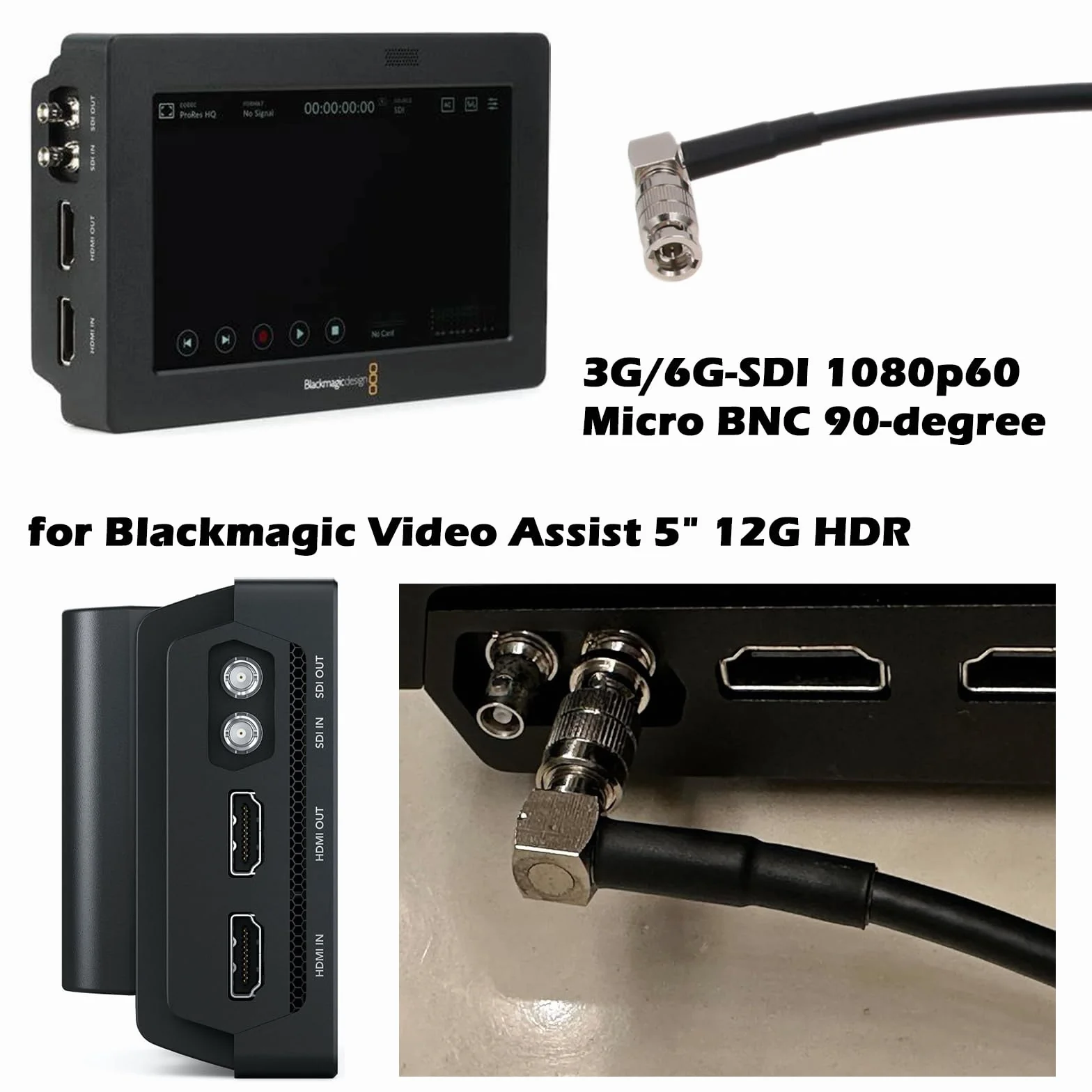 HangTon Câble vidéo HD Micro BNC vers BNC 6G SDI à angle droit haute densité pour Blackmagic Video Assist 4K Moniteur DJI Lightbridge 2 30 cm