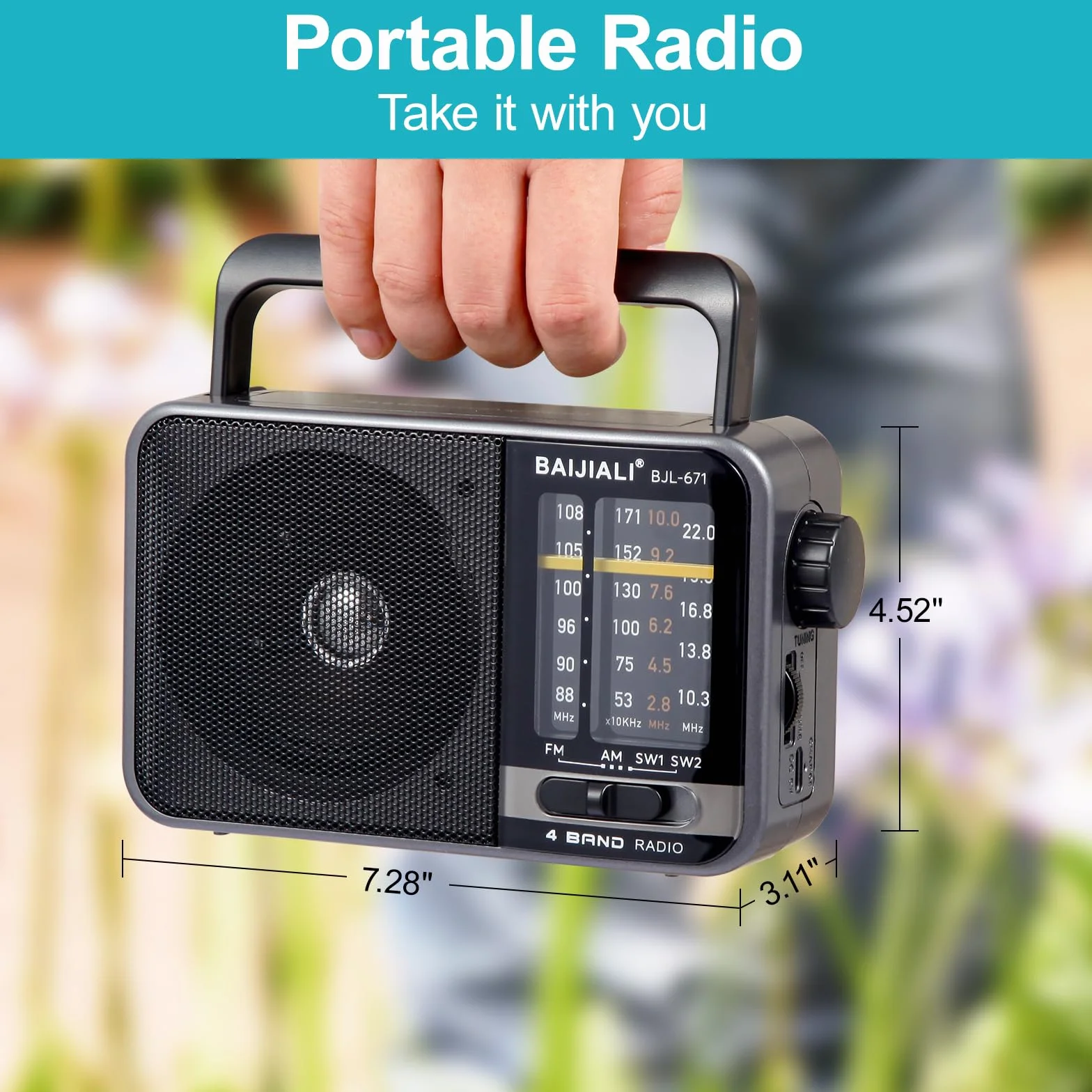 Radio Portable AM/FM avec Haut-Parleur Puissant - Poste Radio à Piles ou USB - Transistor Radio Compact de Survie pour la Maison, Extérieur, Voyage et Intempéries (Modèle BJL-671)
