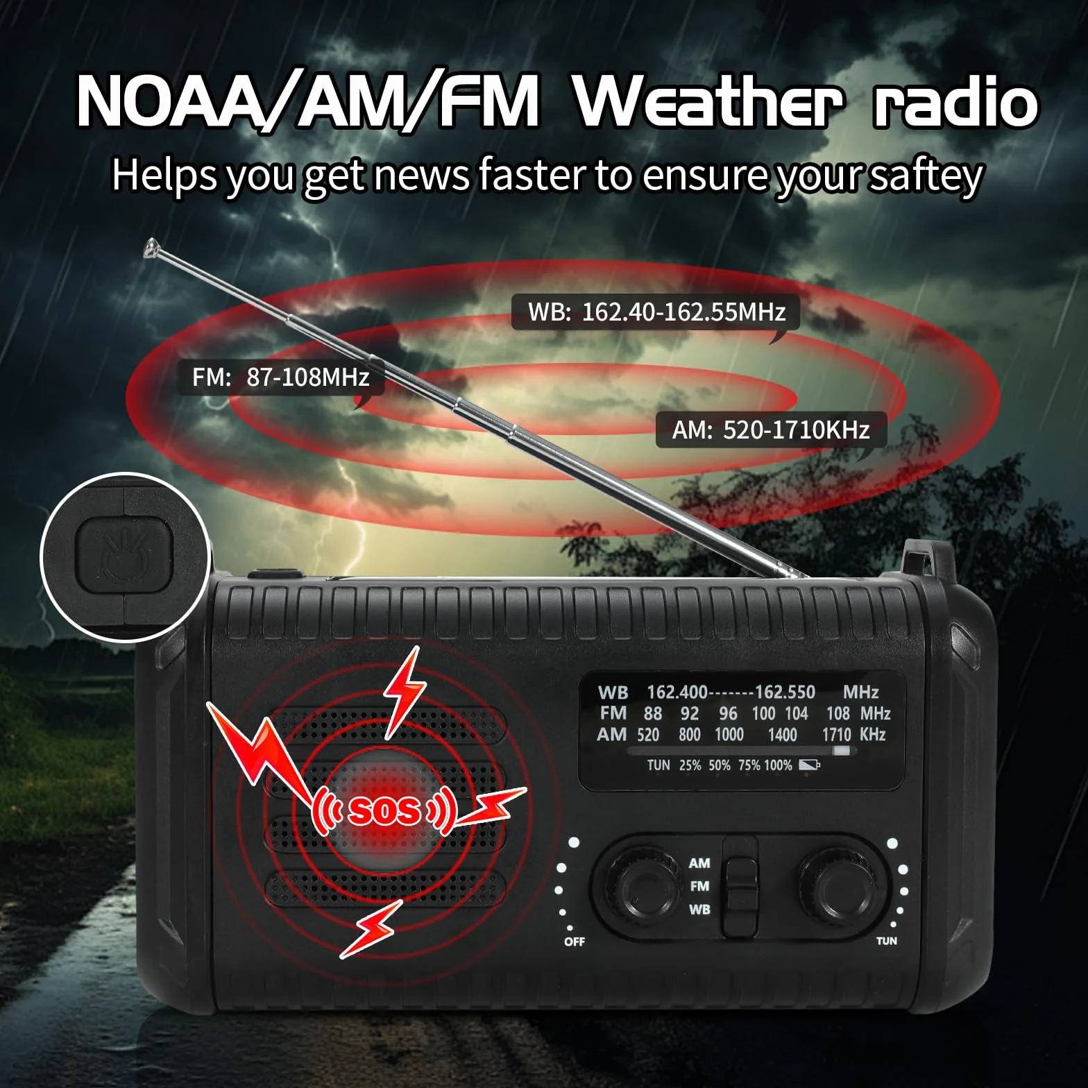 Radio météo d'urgence solaire 20 000 mAh AM/FM/NOAA avec lampe de poche et chargeur téléphone