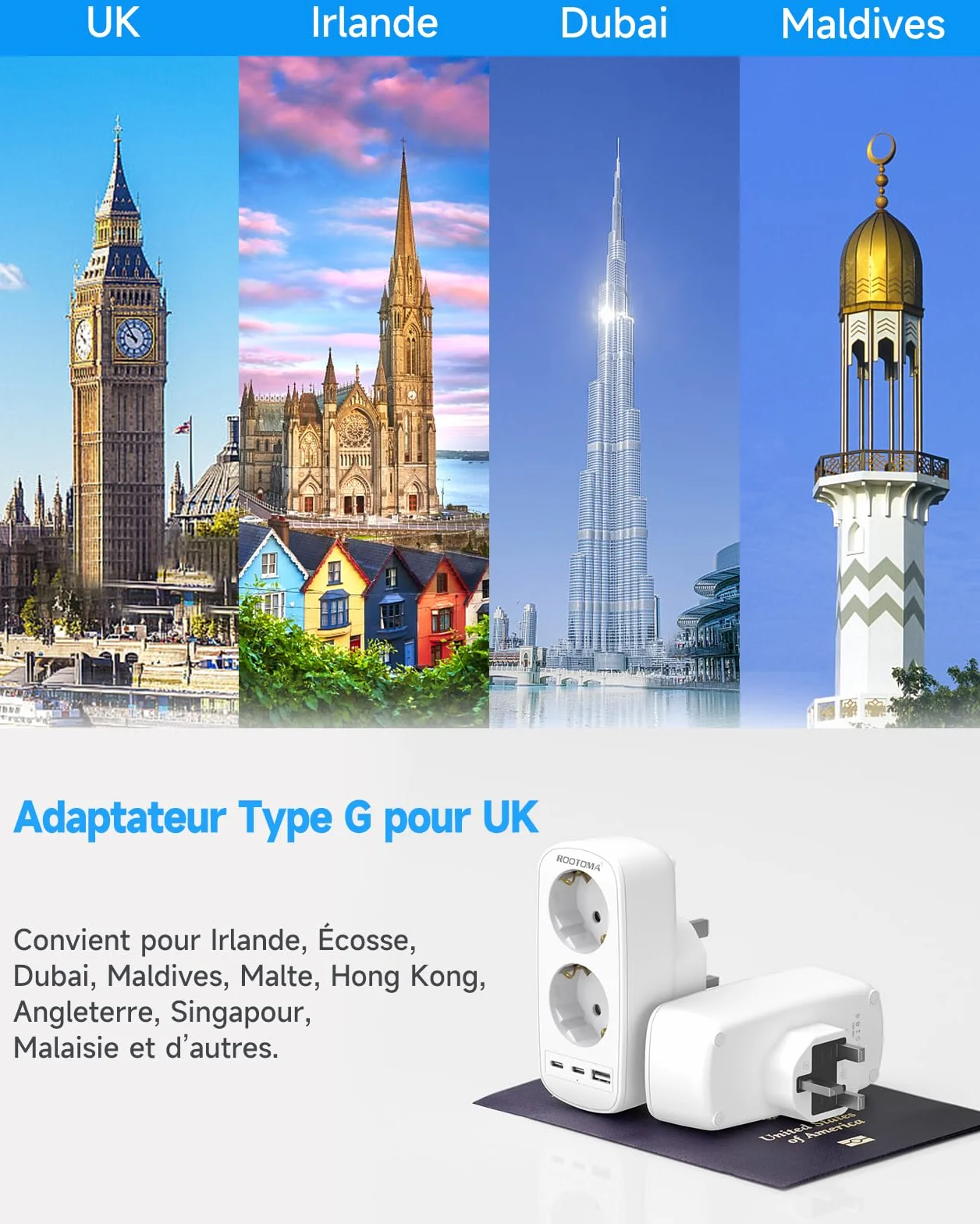 Prise Adaptateur Type G Double Prise avec 3 USB pour Angleterre, Irlande, Dubai, Maldives
