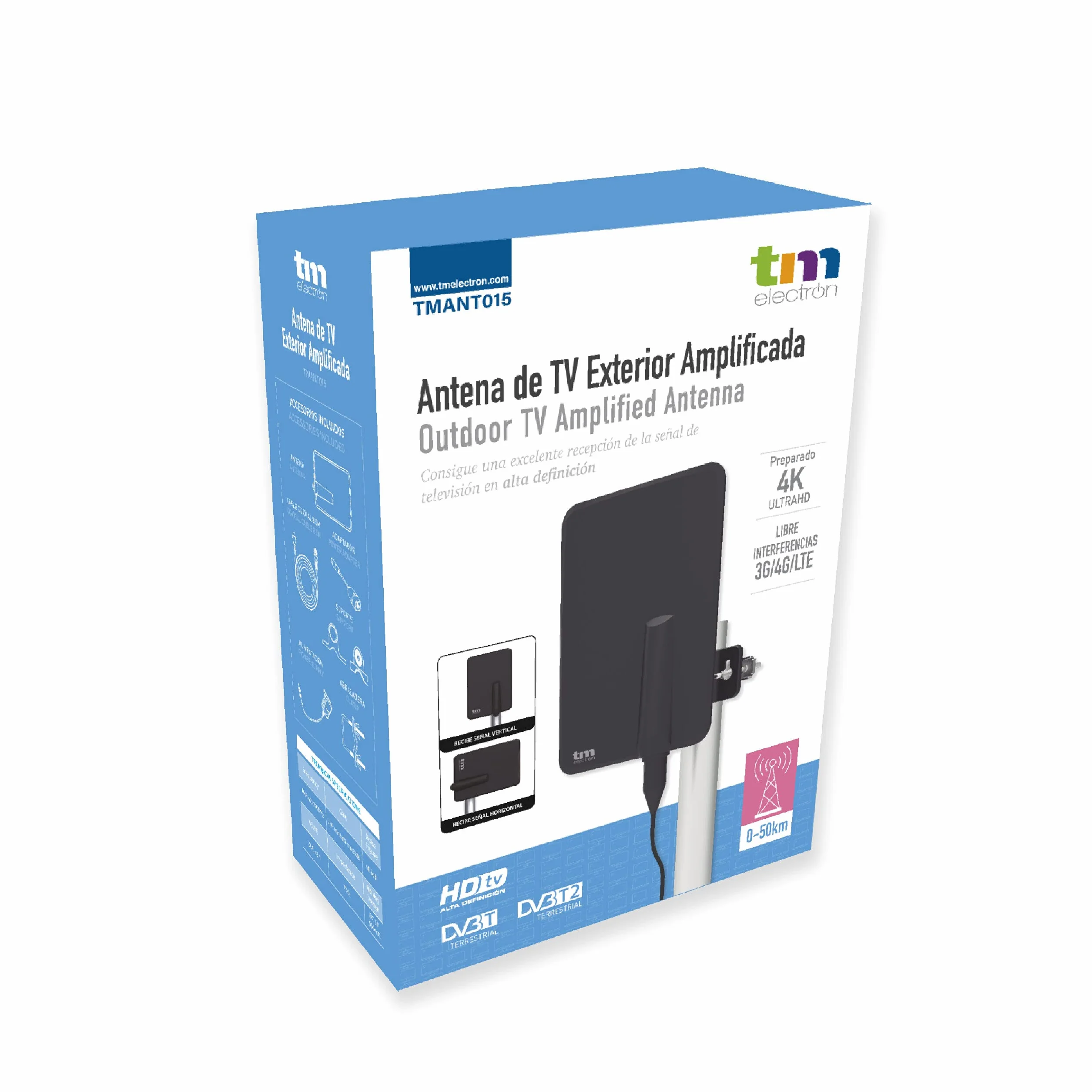 TM Electron TMANT015 Antenne TV d'intérieur ou d'extérieur avec amplificateur intégré 40 DB, Ultra compacte, Orientation 360°, Montage Mural ou mât et résistante aux intempéries
