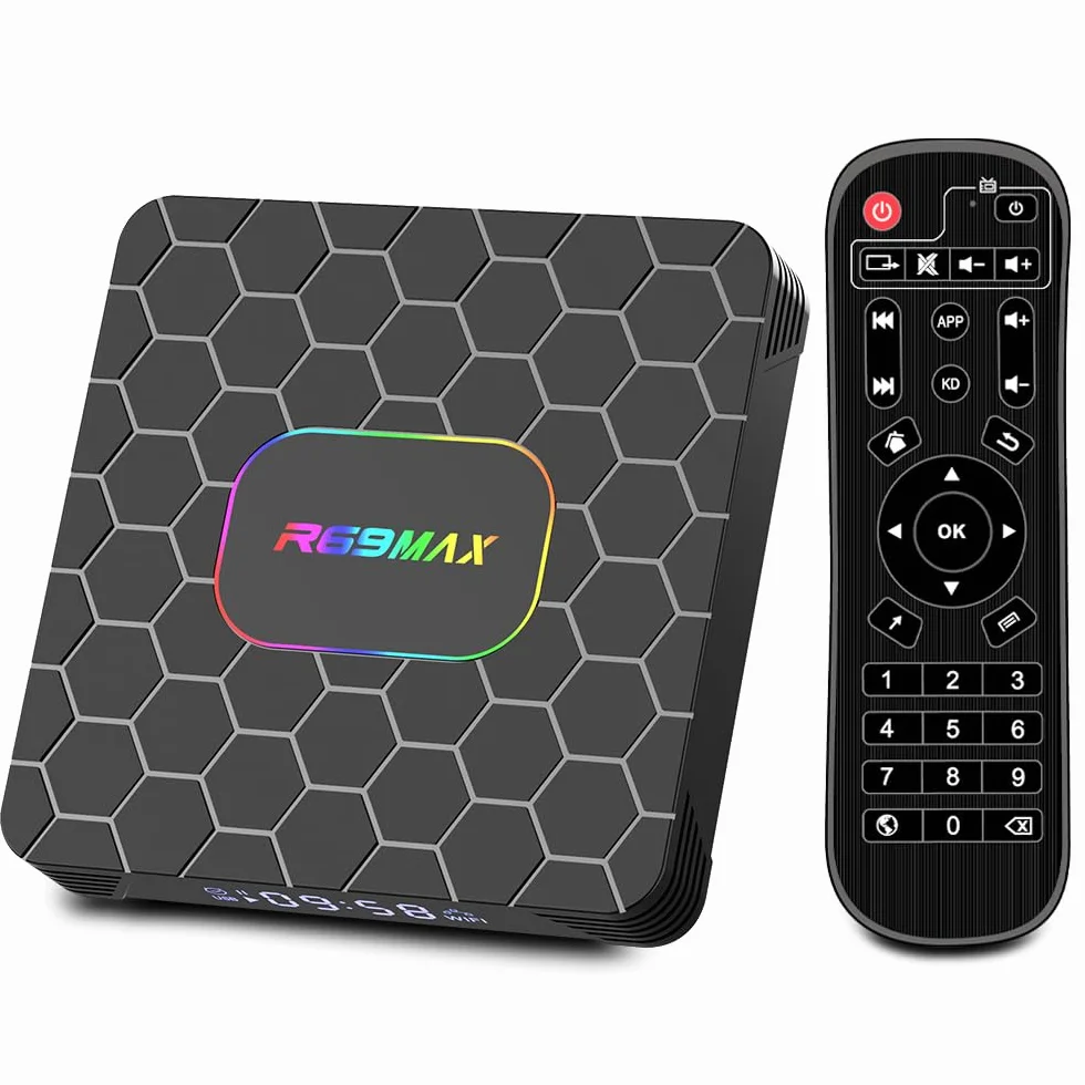 Android TV Box,R69MAX Android 14.0 TV Box with 4Go RAM 64Go ROM RK3528 Quad Core Arm Cortex A53 Mali-450 GPU Support 8K 3D 1080P 2.4/5.0GHz WiFi BT5.0 10/100M Ethernet DLNA HDMI2.0 USB3.0 H.265