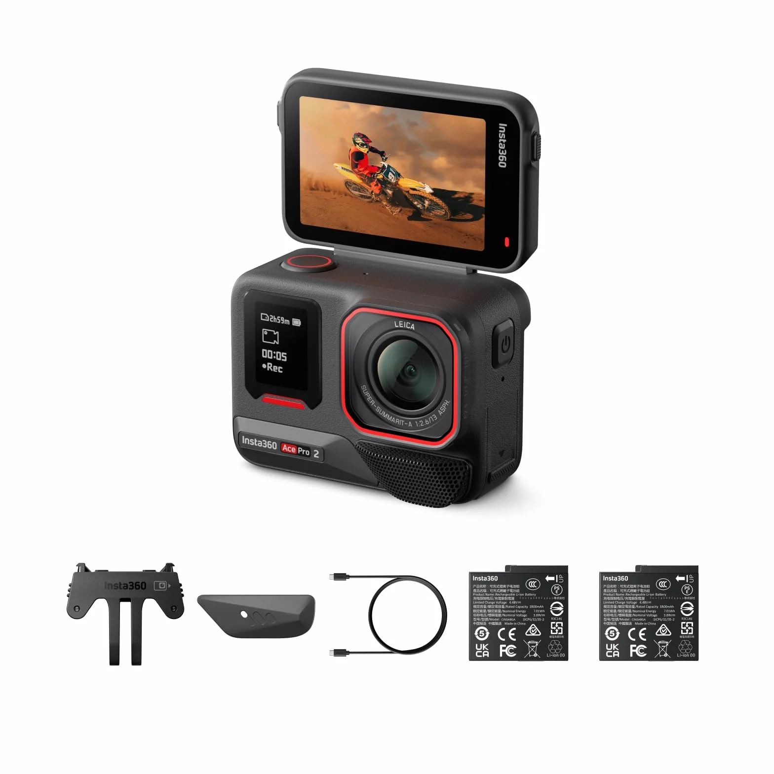 Insta360 Ace Pro 2 Pack Double Batterie Caméra d'action 8K Objectif Leica capteur 1/1,3" HDR 4K écran Rabattable Audio Pro étanche