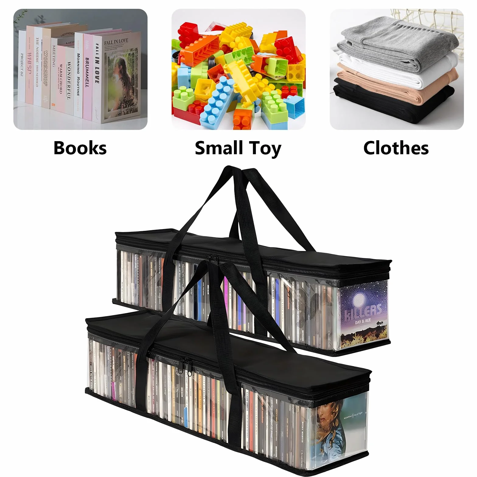 61x14x22cm Sacs de Rangement en Tissu Oxford PVC, Étui Transparent Grande Capacité avec Poignées Renforcées, Organisateur Portable pour Transport CD DVD Jeux Vidéo Livres Albums