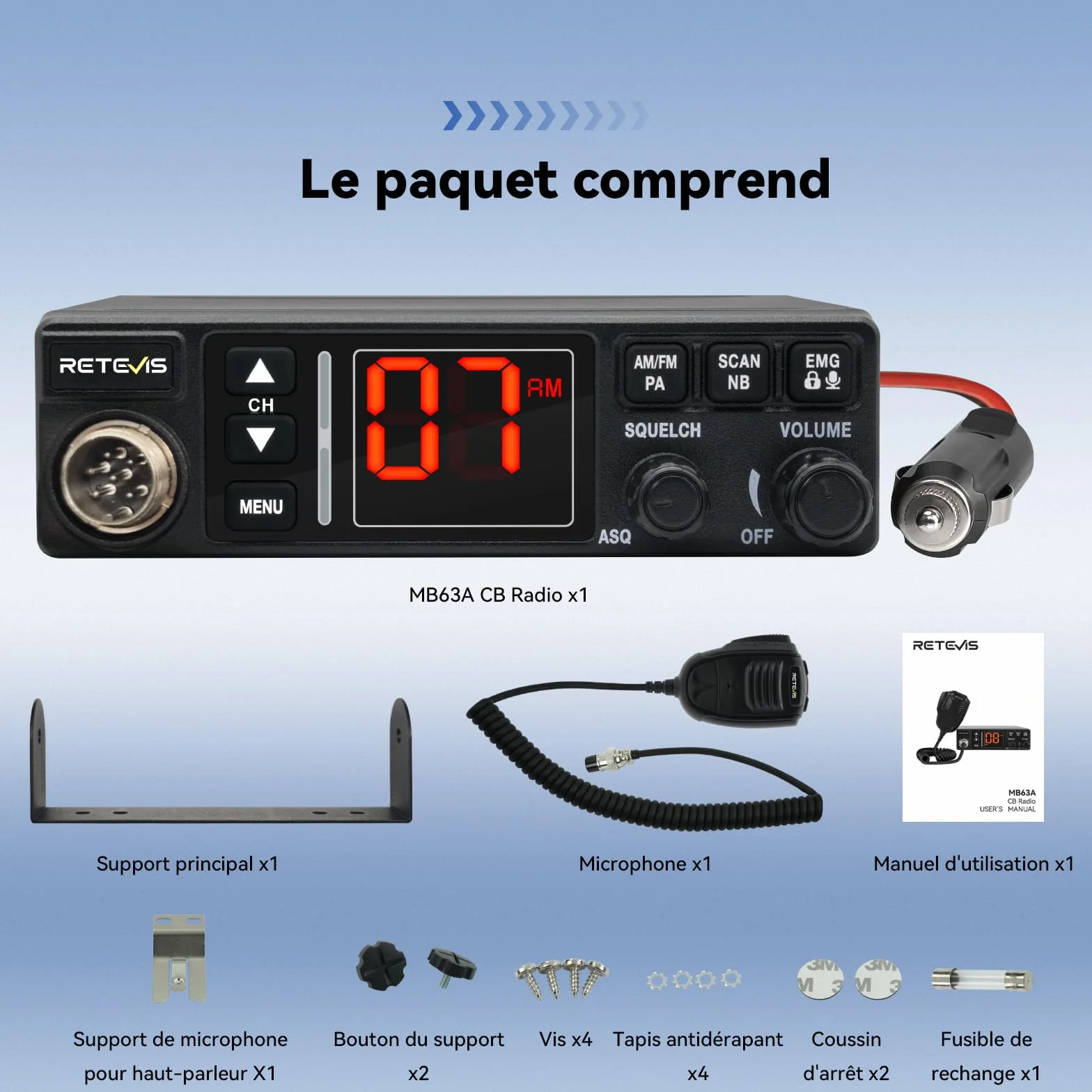 Retevis MB63A CB Radio AM/FM Portable 12V/24V VOX Camping-Car