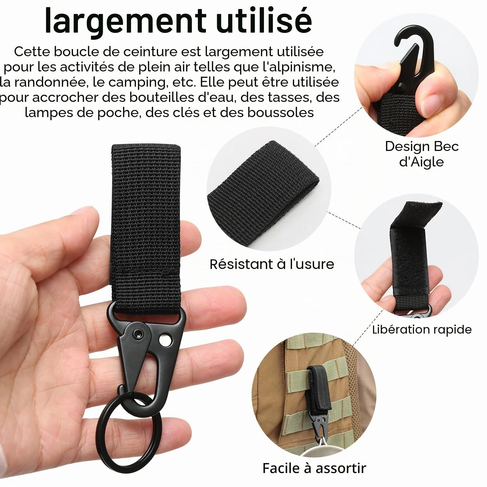 Mousquetons Tactique 6 Pièces Sangle en Nylon Noir pour Gilet Ceinture Sac à Dos
