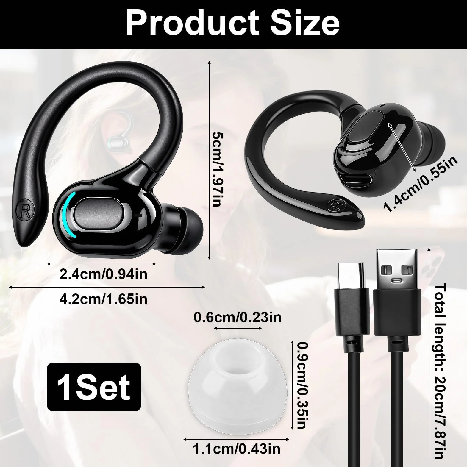 Oreillette Bluetooth sans Fil V5.2 avec Micro intégré Écouteur Mono Tour d’Oreille 360° 20h de Lecture pour iPhone Android PC Bureau Conduite Affaires Sport-Réduction du Bruit(Noir)
