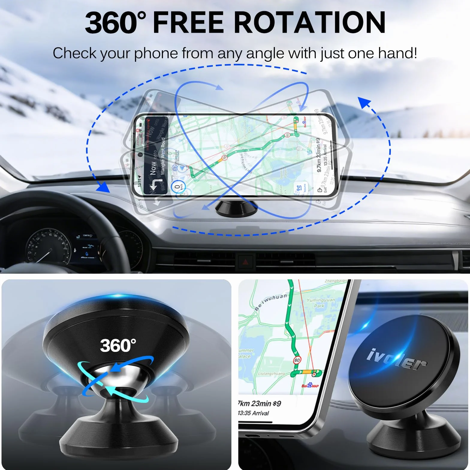 ivoler Support Telephone Voiture, [Lot de 2] Porte Téléphone Voiture Universel 360° Rotation, Magnetique Portable Aimant Adhésif pour Smartphone, Compatible pour Phones ou appareils GPS-Noir