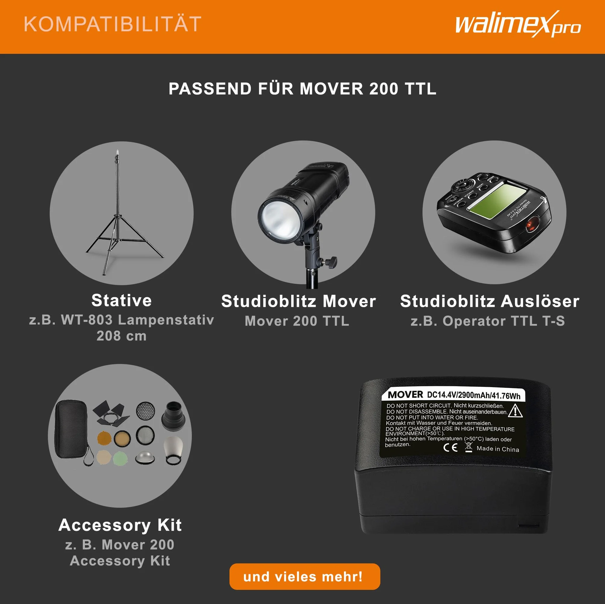 Walimex pro Batterie de Rechange pour Mover 200 TTL - Grande capacité, Longue durée, Permet des Prises de Vue Plus Longues - Batterie de Rechange pour Flash de Batterie de Studio