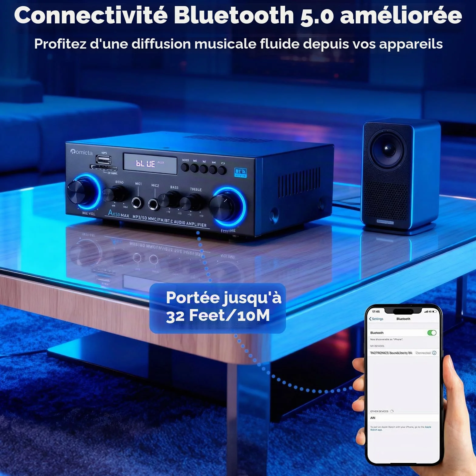 Romicta Amplificateur Audio Stéréo 800W, Bluetooth 5.0 | Radio FM, Lecteur USB/SD, Entrée AUX, 2 Micros avec Echo | Télécommande pour Home Cinéma et Maison