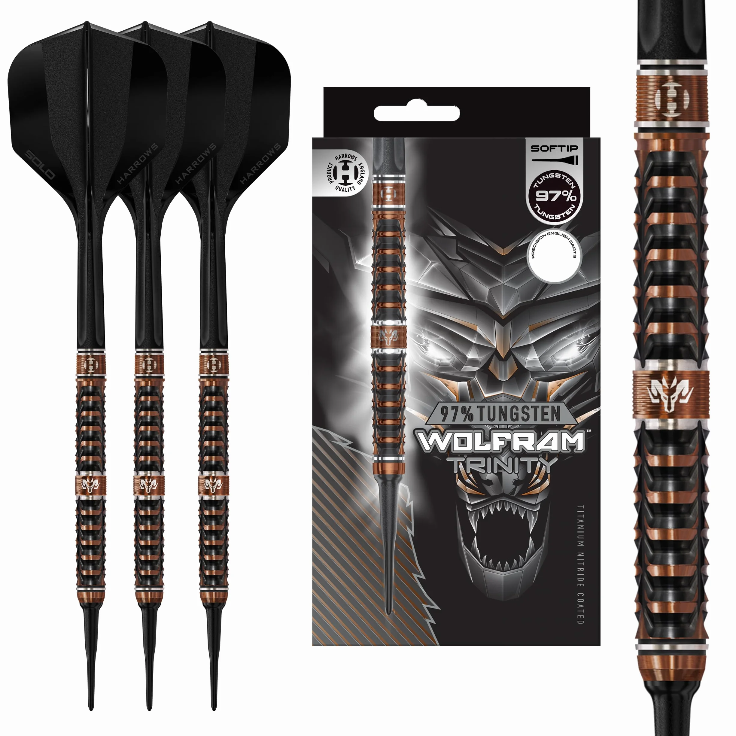 Fléchettes Harrows Wolfram Trinity 97% tungstène pointe souple CNC TiN bronze Quick Point Solo 18 g