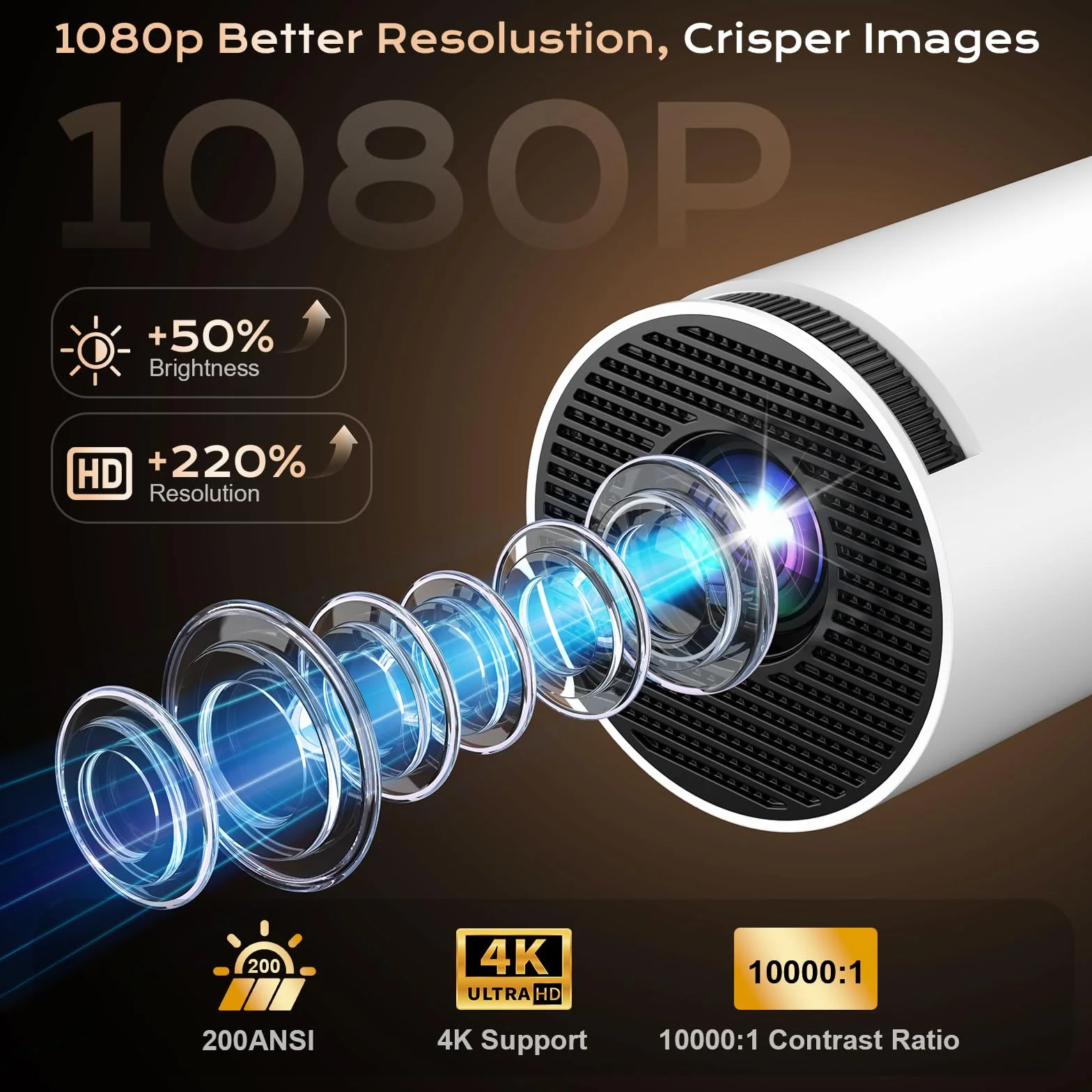 Videoprojecteur Portable WiFi 6 Bluetooth 5.4 Mini Projecteur Vidéo 1080P 4K Rotation 270° HDMI USB Haut-Parleur Intérieur Extérieur