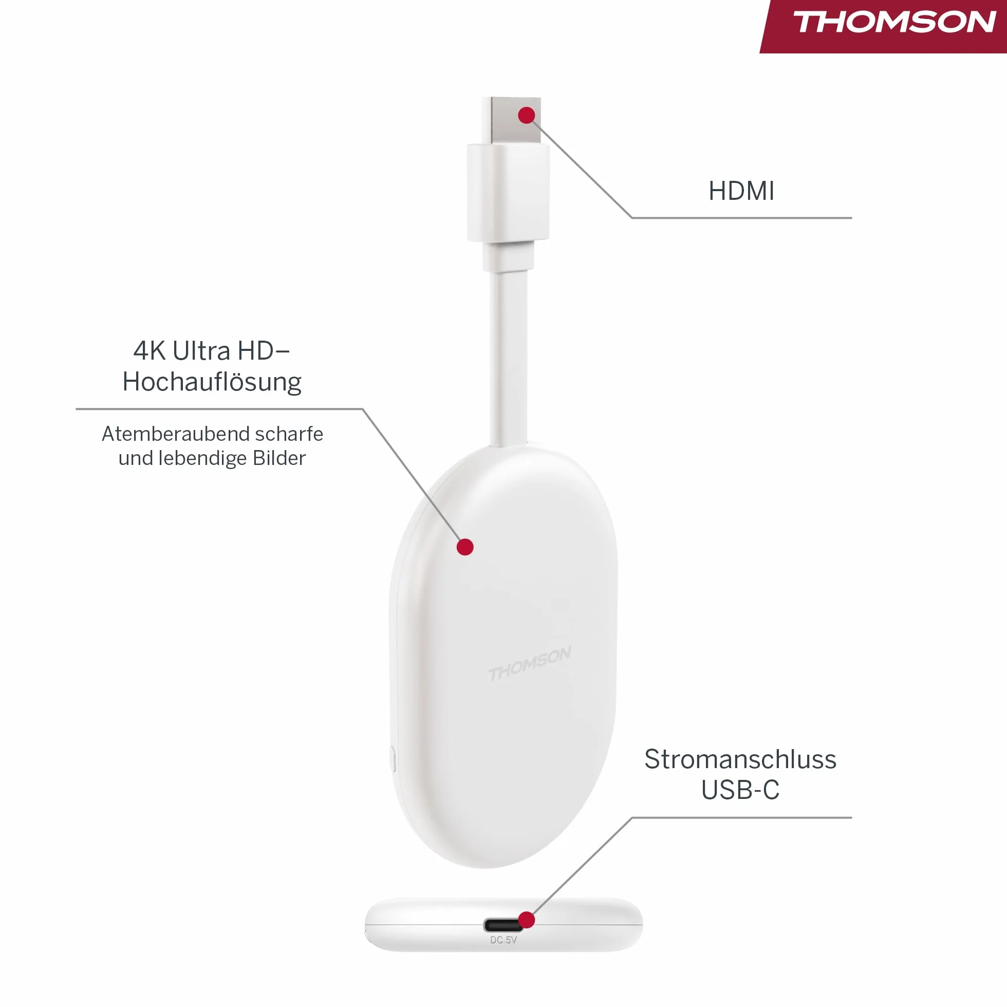 Thomson Go Cast 152 Dongle de Streaming, 4K UHD Google TV, Commande Vocale, Google Cast, Dolby Atmos, Dolby Digital+, HDR10, Portable, 2 Go RAM, 32 Go Stockage – Blanc