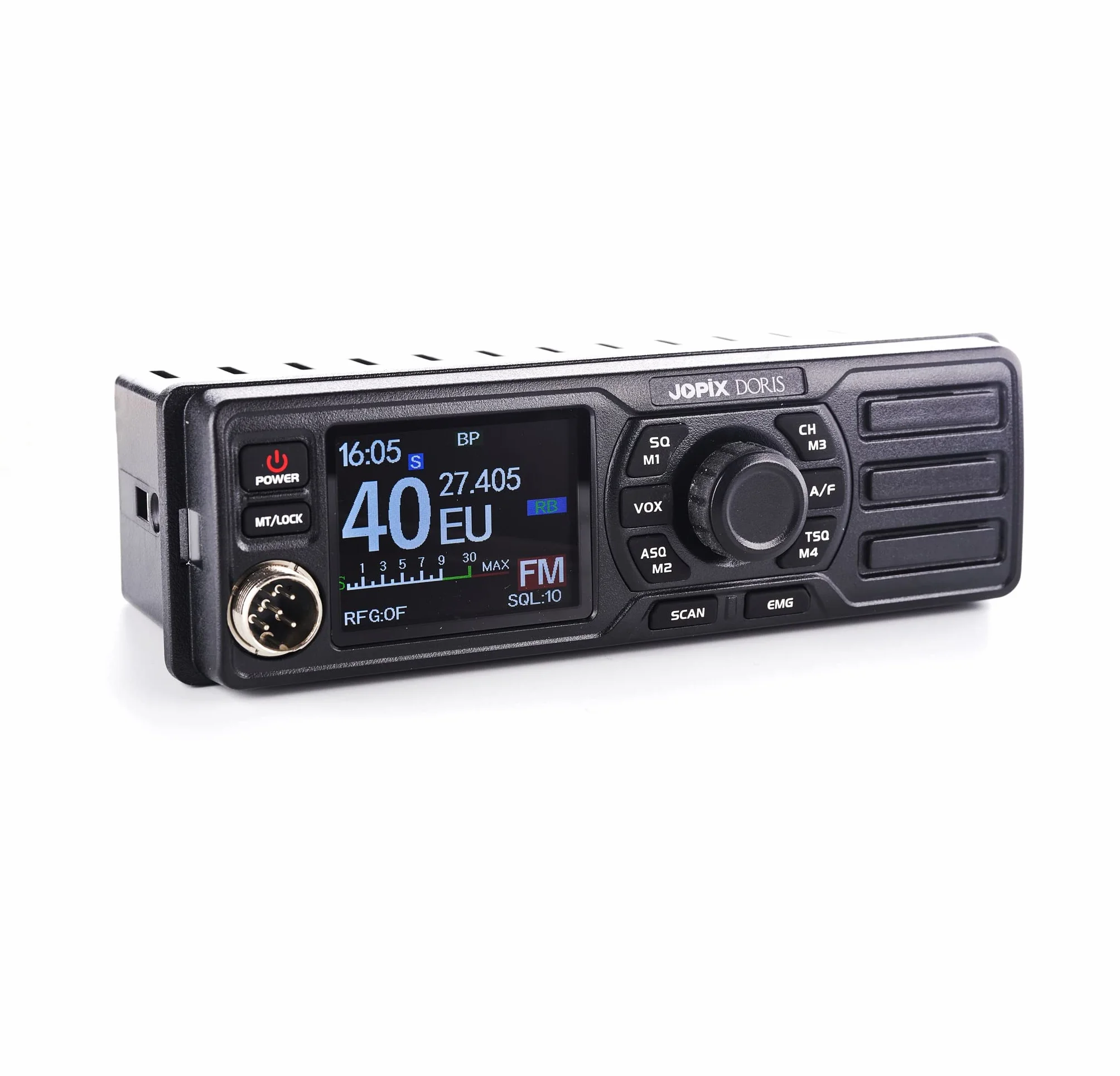 Jopix Doris Émetteur-Récepteur CB 27 MHz Multinorme AM/FM – Haut-Parleur Frontal, Écran Couleur, 12V/24V, Format Ultra-Compact (6cm Profondeur), Mains Libres VOX