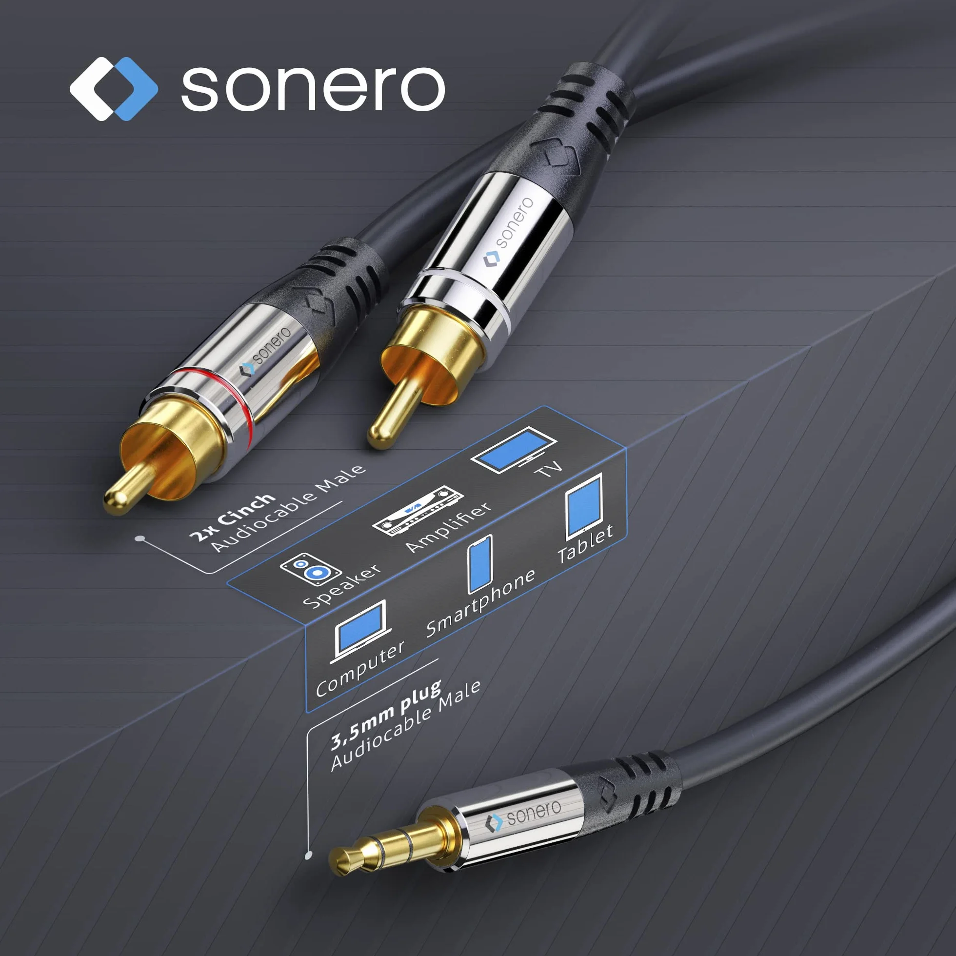 Sonero® Premium câble cinch 15,0 m, 2x câble cinch vers jack 3,5 mm, câble audio, système hi-fi, AUX, noir
