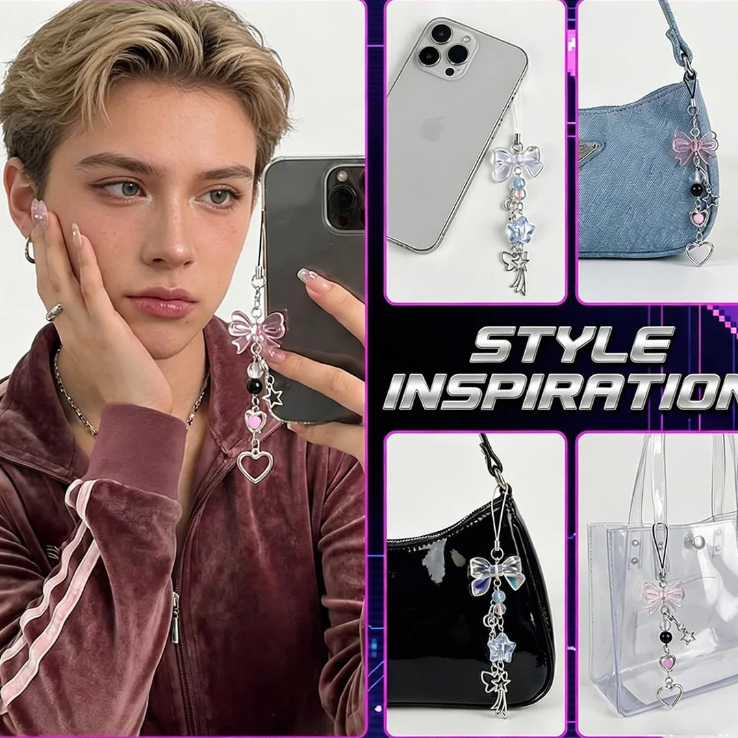 Lot de 2 Bijoux de Téléphone Y2K Esthétique Phone Charm Papillon Cœur Étoile pour Filles
