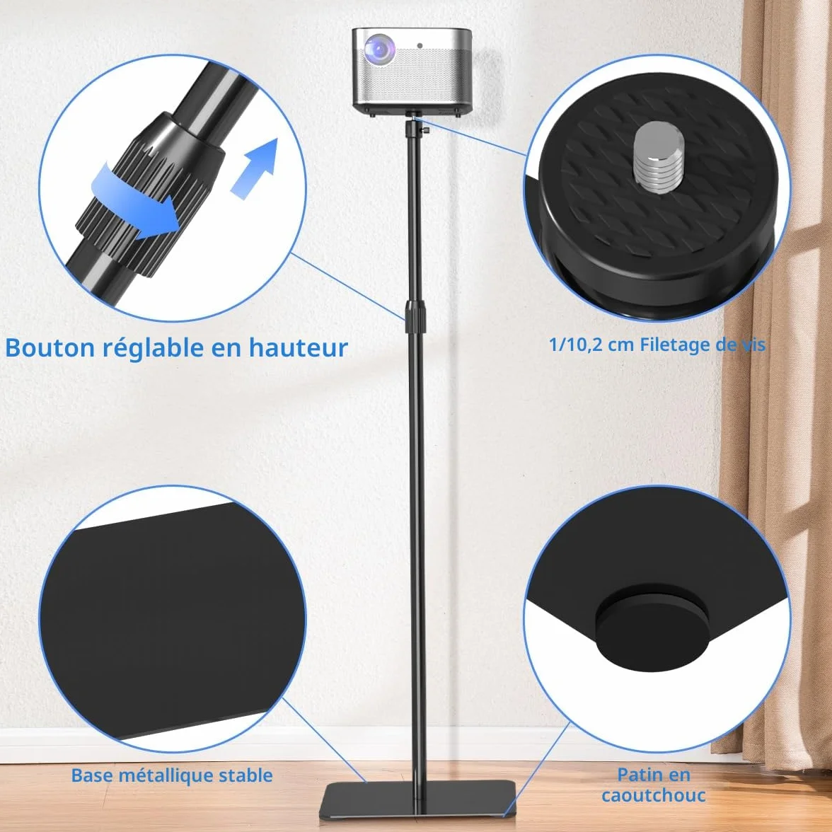 Suptek Support de Projecteur au Sol, Hauteur Réglable 1015-1385 mm, Rotation 360°, Supporte 2 kg PR001F