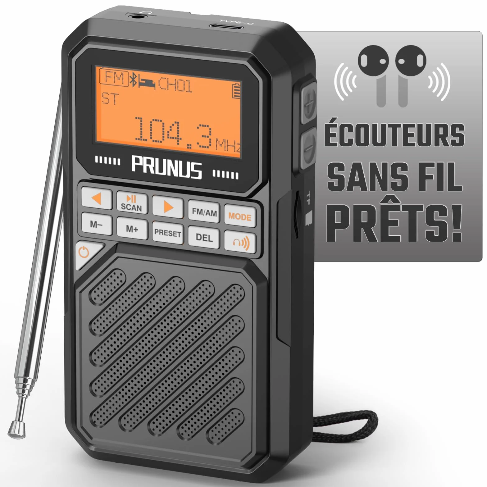 PRUNUS J-525 AM/FM Petite Radio Portable Bluetooth avec Batterie 2500 mAh, Minuterie Sommeil, MP3/TF