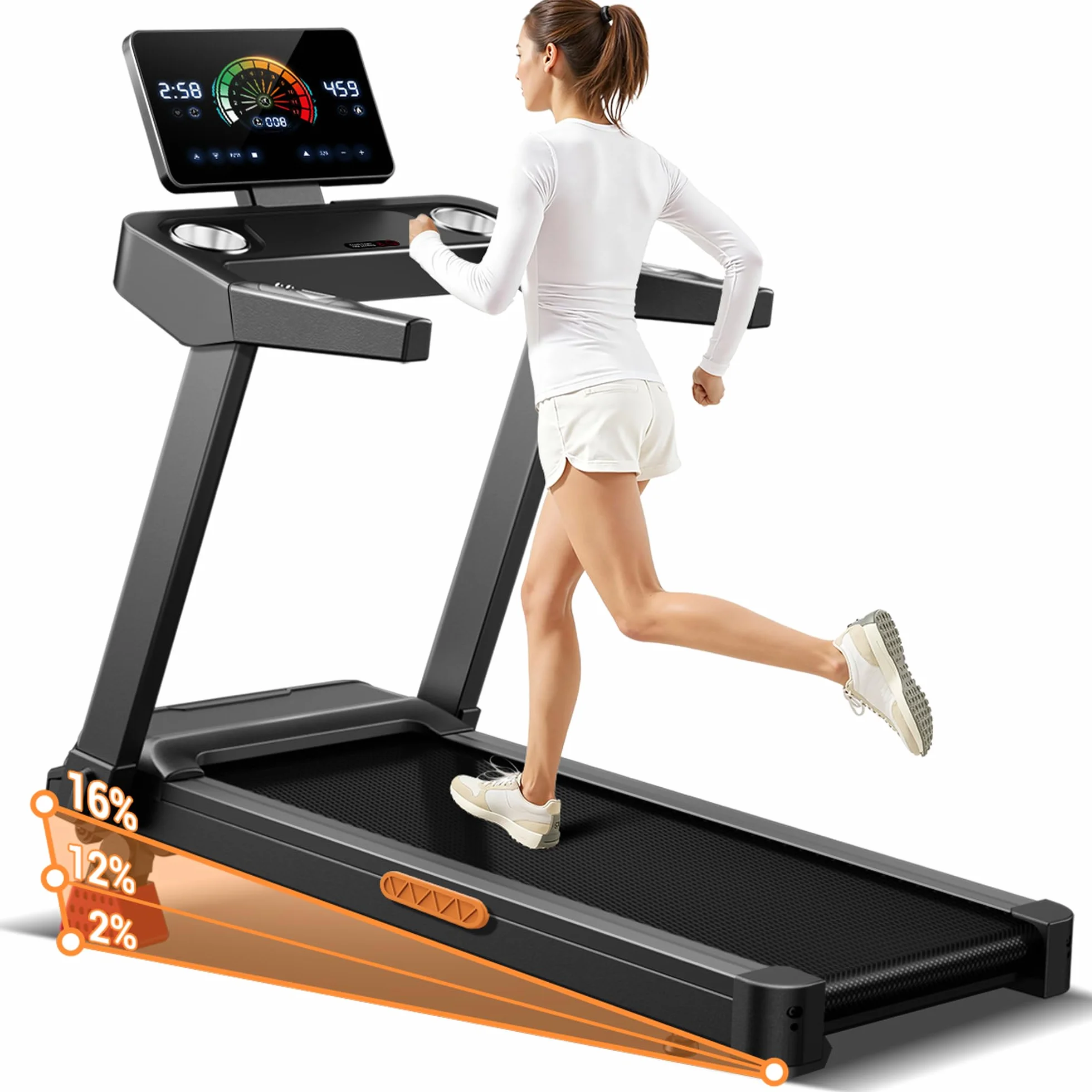 LONTEK Tapis de Course Pliable Inclinable 16% 14KM/H 3,5CV avec Fréquence Cardiaque Affichage LED Charge Max 180KG Compact
