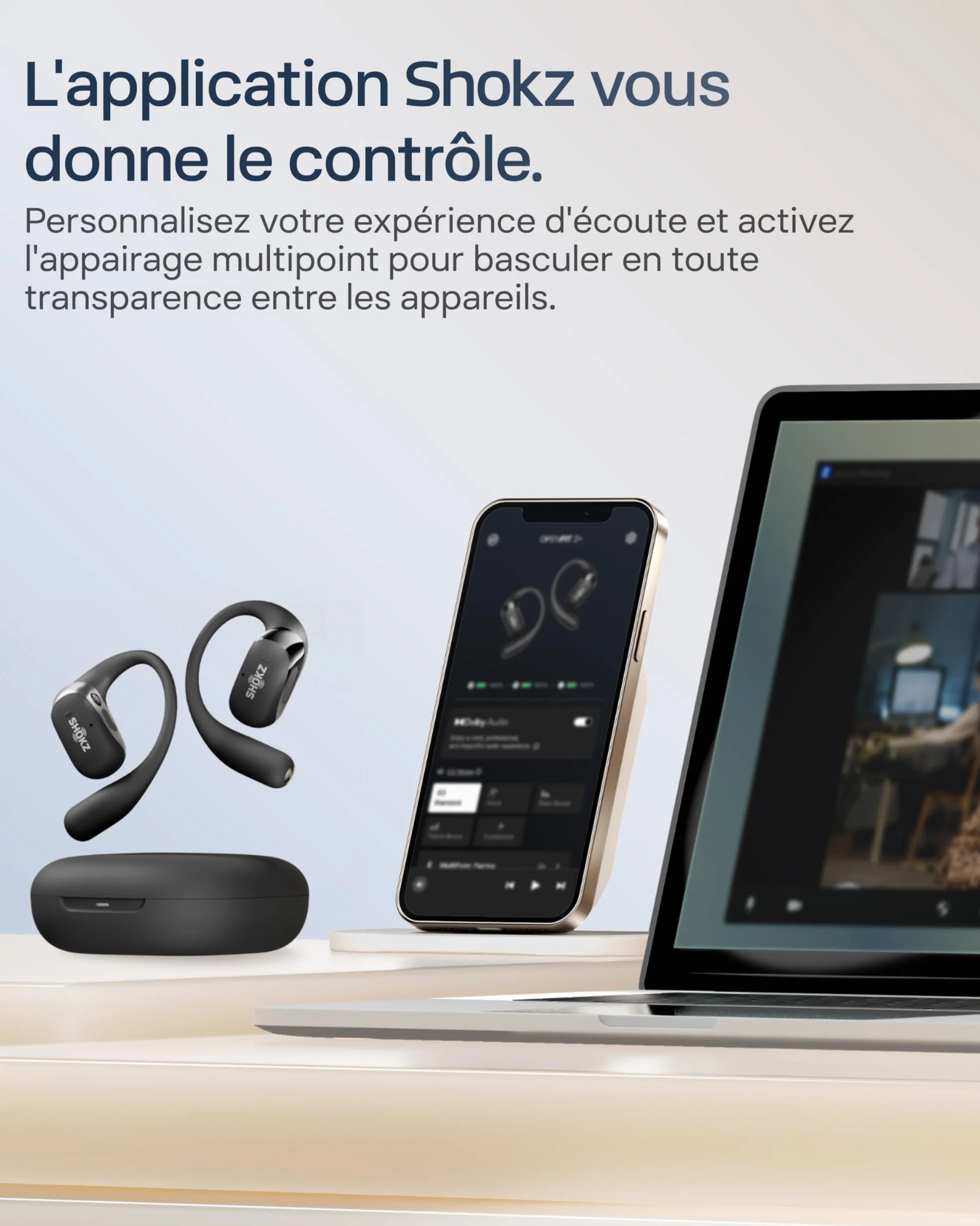 SHOKZ OpenFit 2+ Nouveaux Casques à Oreilles Libres, Dolby Audio, Crochets d’Oreille Souples, 48 Heures d’autonomie, résistance à l’Eau IP55, Recharge sans Fil, avec Sac de Transport, Noir