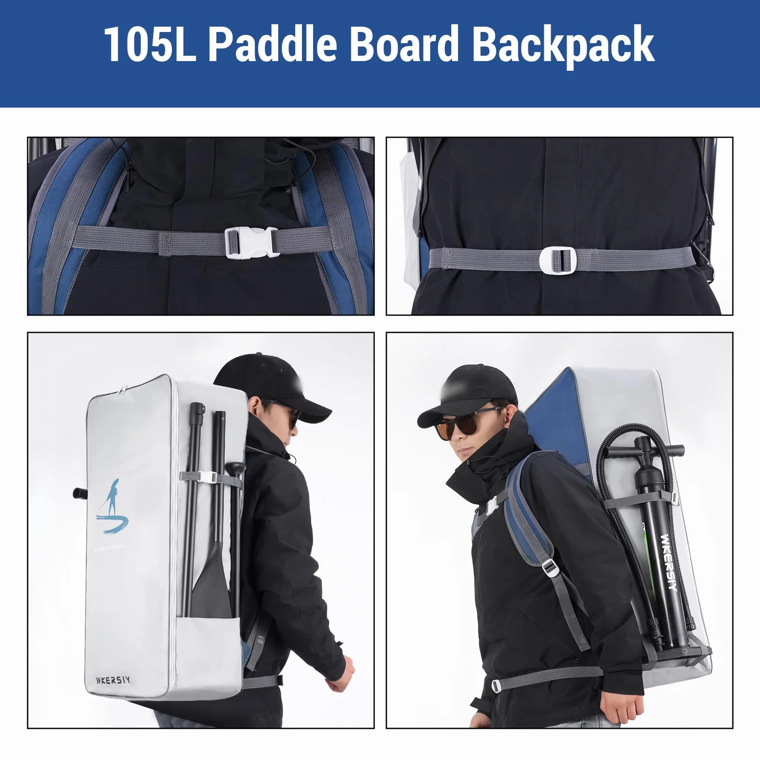 HUIOP sac à dos imperméable 105 L tissu Oxford pour planche paddle surf
