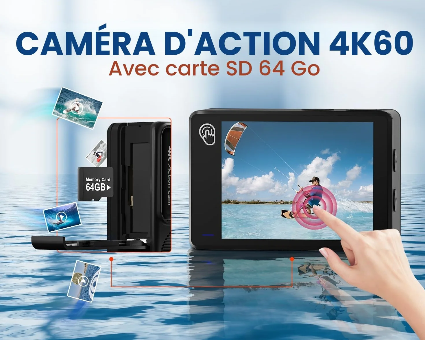 Caméra Sport 4K60FPS 48MP Écran Tactile 64GB Carte 40M Étanche EIS 170° WiFi Télécommande 2x1350mAh