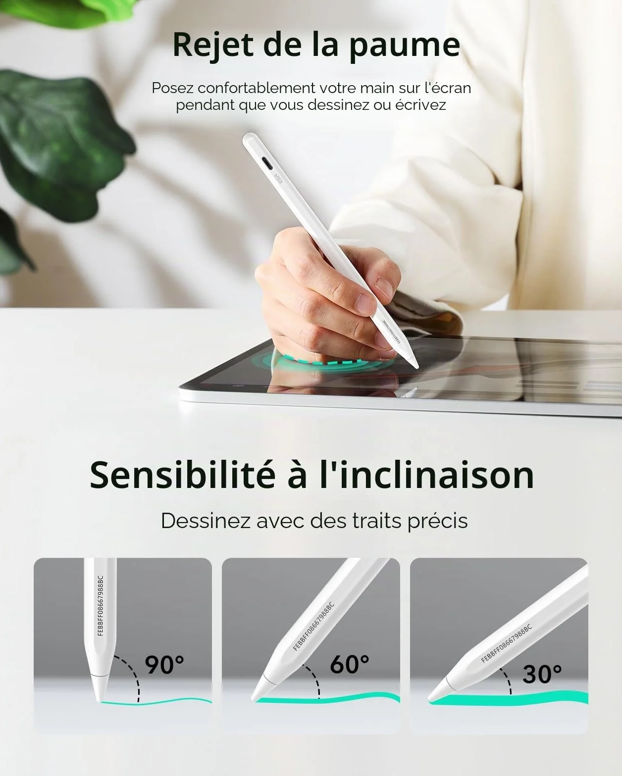 ESR Find My Stylet Digital Pencil Pro pour iPad 2018-2025, sensibilité à l'inclinaison, Blanc
