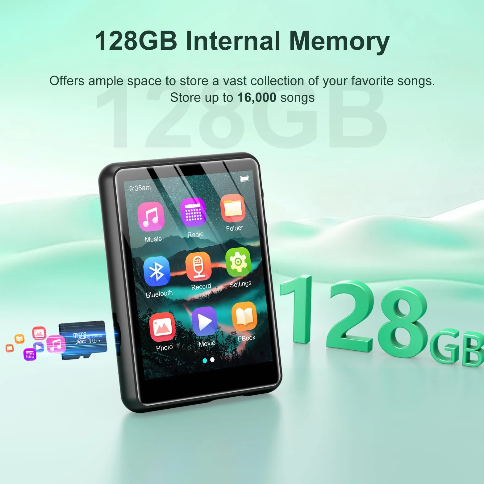 Lecteur MP3 128GB Bluetooth 5.3 ZAQE 2.4" Plein écran Tactile Portable Radio FM Enregistrement HiFi Noir