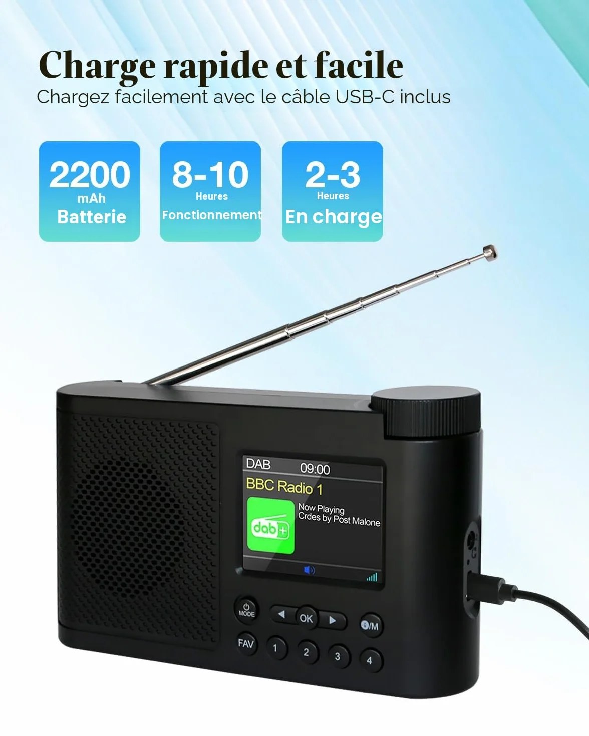 Radio Dab Portable, Radios Dab Plus Numériques avec Bluetooth, Radio FM Rechargeable par USB, Radio Petite Alimentée par Batterie, Horloge Doubles Alarmes, Minuterie de Veille, 40 Stations Préréglées