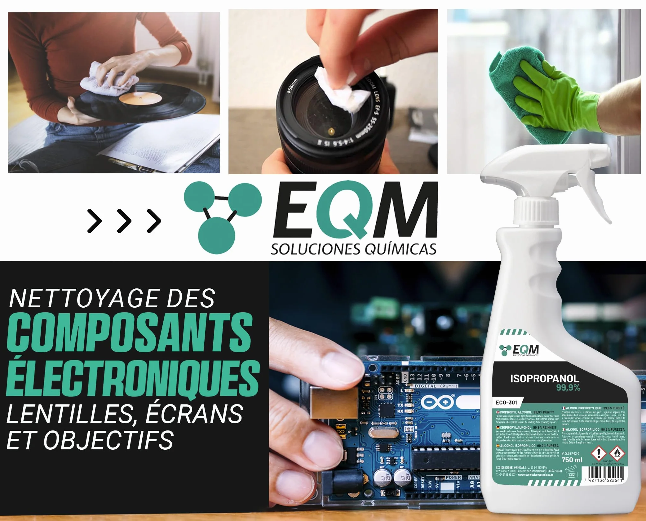 EQM - ECO-301 - Alcool Isopropylique Pur 99,9% - 750 ML - Nettoyage de Composants Électroniques, Objectifs, Écrans et Résines d’Impression 3D