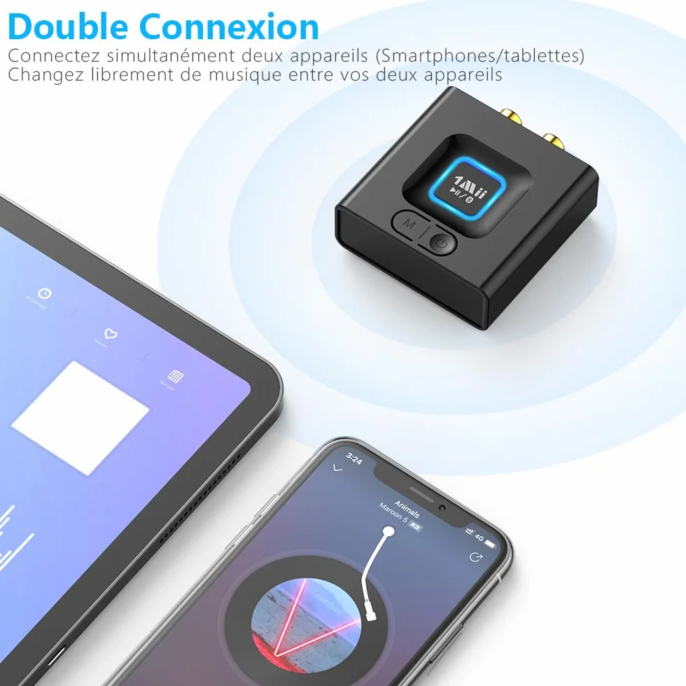 1Mii ML201 Récepteur Bluetooth 5.1, Modernisez Votre Ancien Système Audio | Adaptateur Bluetooth 3,5mm/RCA, Streaming Hi-Fi sans Fil depuis Mobile/Tablette vers Enceinte Filaire, 12H Lecture, Mode Bass