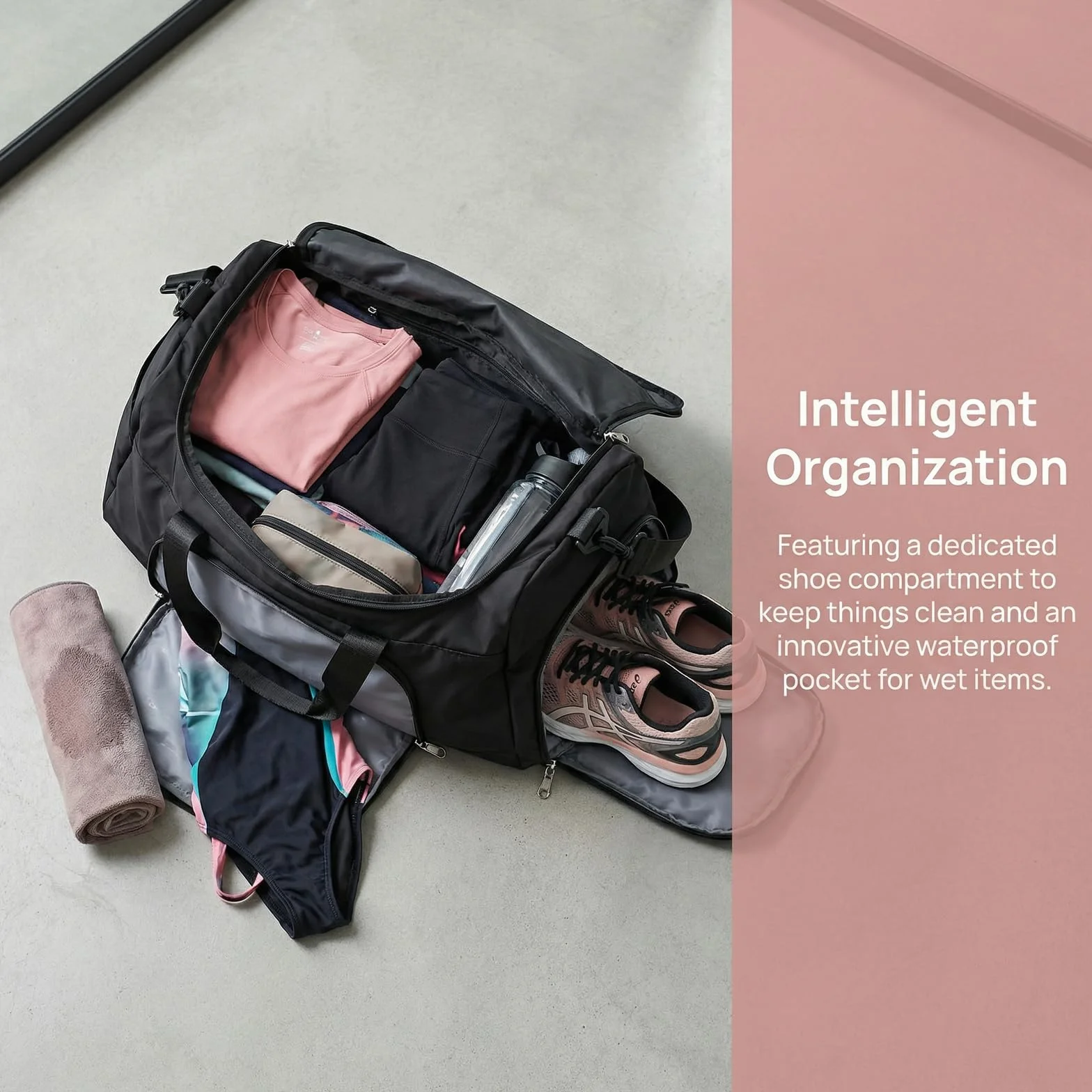 Sac de Sport Imperméable 36-55L 51x28x25cm avec Compartiments Chaussures et Poche Humide Duffel Gym Bag Rose