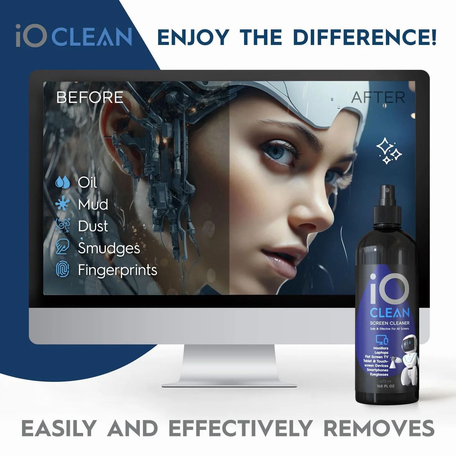 iO Clean Grand Kit de Nettoyage pour Écran (473ml) LCD LED OLED TV