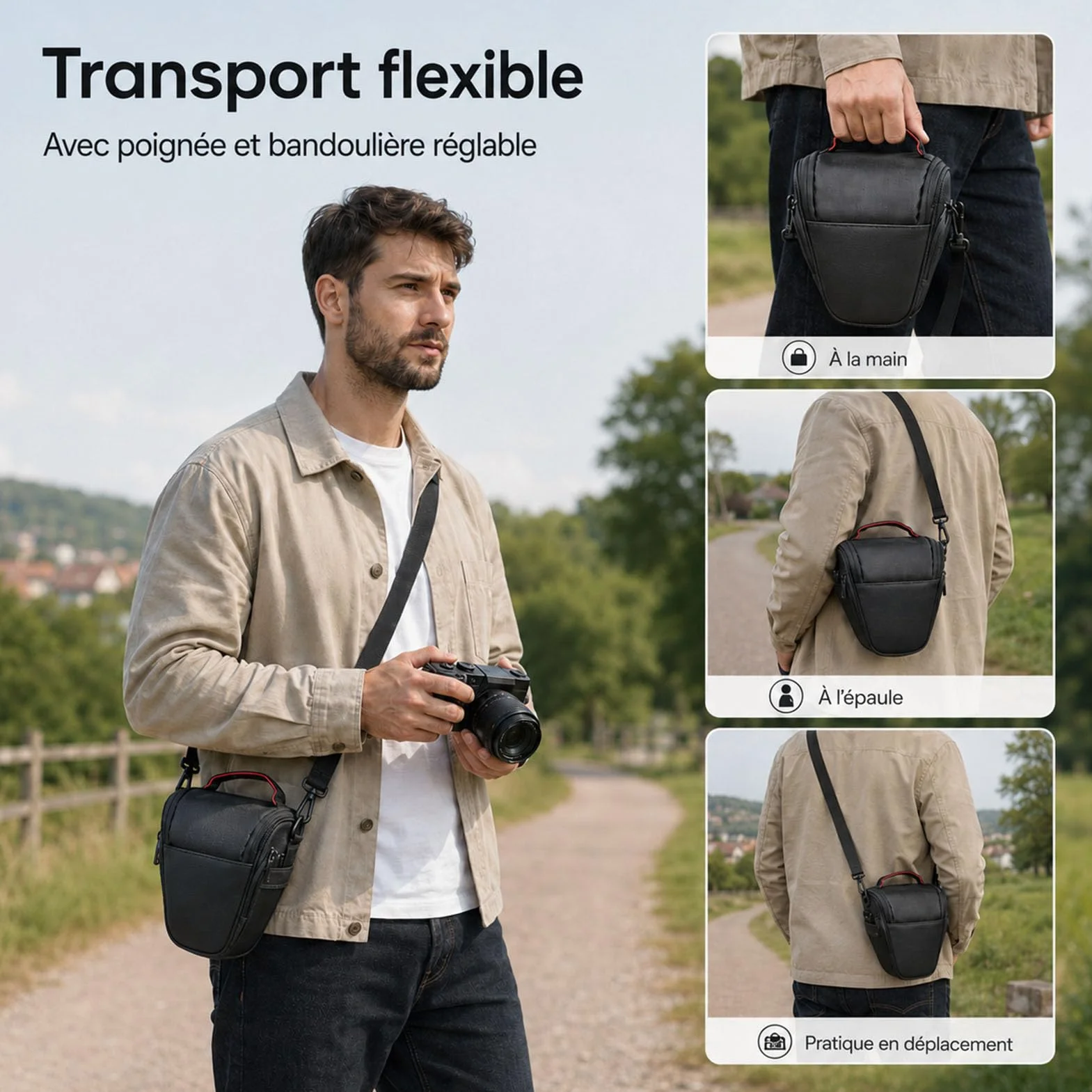 Sac Appareil Photo Noir 21x18x11 cm Sacoche Compacte pour Hybride Numérique Reflex DSLR SLR Bandoulière Amovible Réglable