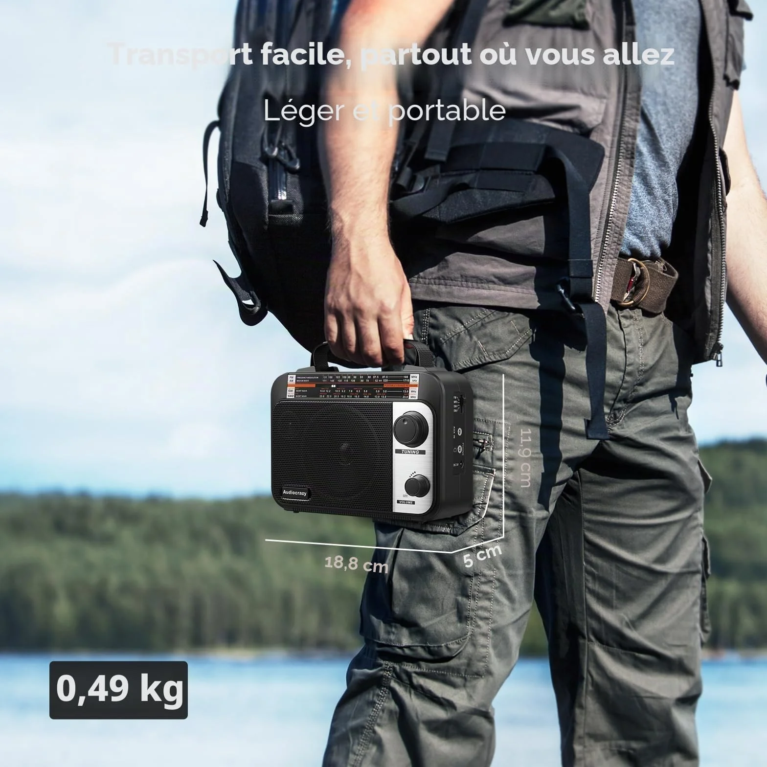 Radio Portable FM/AM/SW1-2 Radio Multibande avec Batterie Rechargeable 1800 mAh, Câble AC Ou Radio FM Portable avec Piles, Haut-parleurs, Prise Casque, Entrée AUX Noir