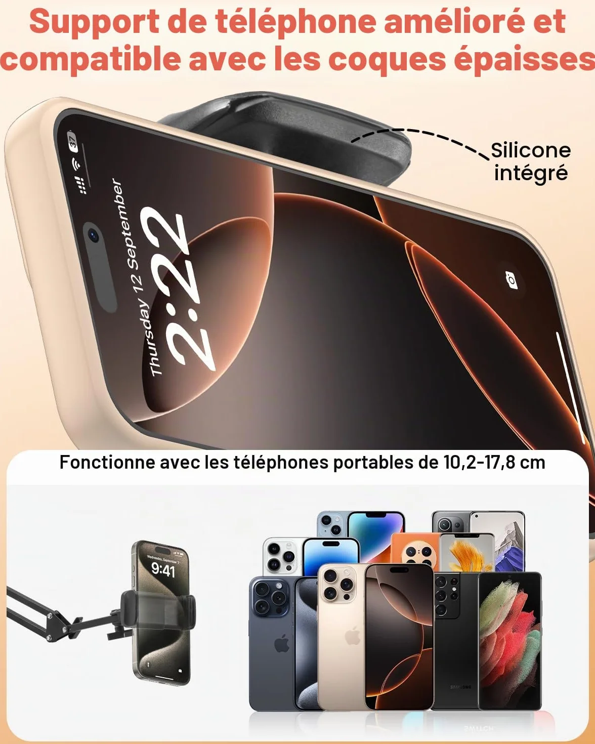 Support de téléphone portable pour lit Bras long flexible pour iPhone 15, 14, Pro Max, SE, 13, 12, 11, X, XS, 8, 7, Galaxy S23, S22, et smartphones de 4 à 7