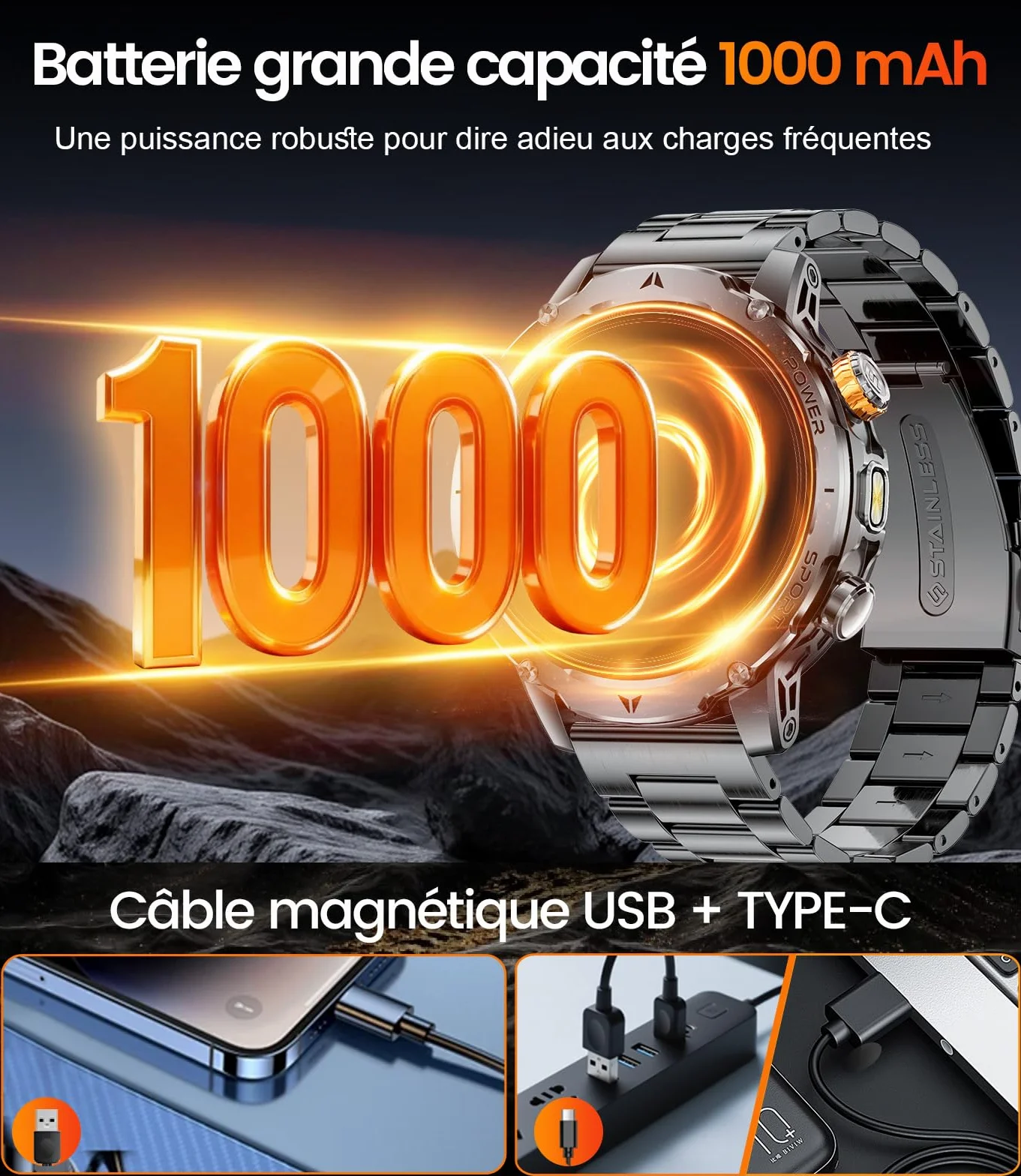 LIGE 1000mAh Montre Connectée Homme, 1,7" Smartwatch Militaire avec 110+ Modes Sportifs, IP68 Étanche, Appel Bluetooth, 24H Fréquence Cardiaque, Podomètre Android iOS,3 Bracelets,2 Chargeurs,EF24-A