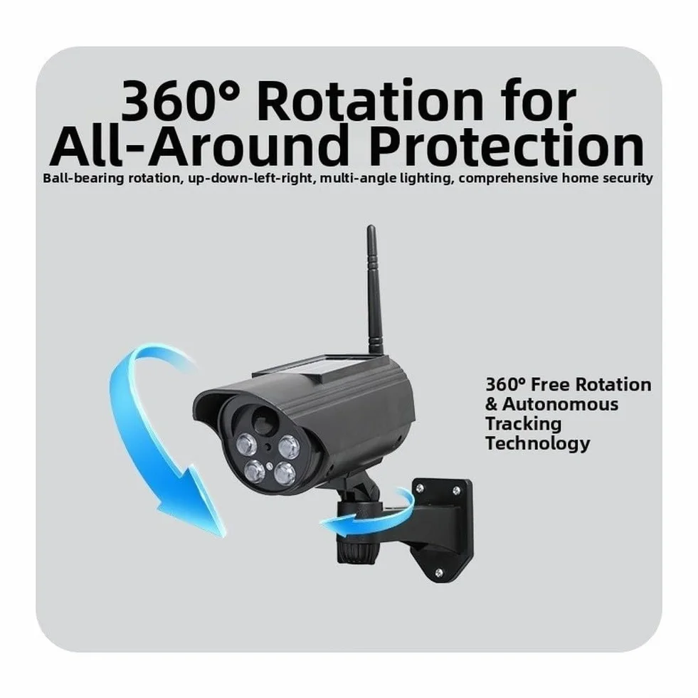 Fausse caméra de sécurité à énergie solaire avec détection de mouvement, rotation à 360°, caméra de surveillance factice pour extérieur, leurre résistant aux intempéries avec lumière rouge clignotante