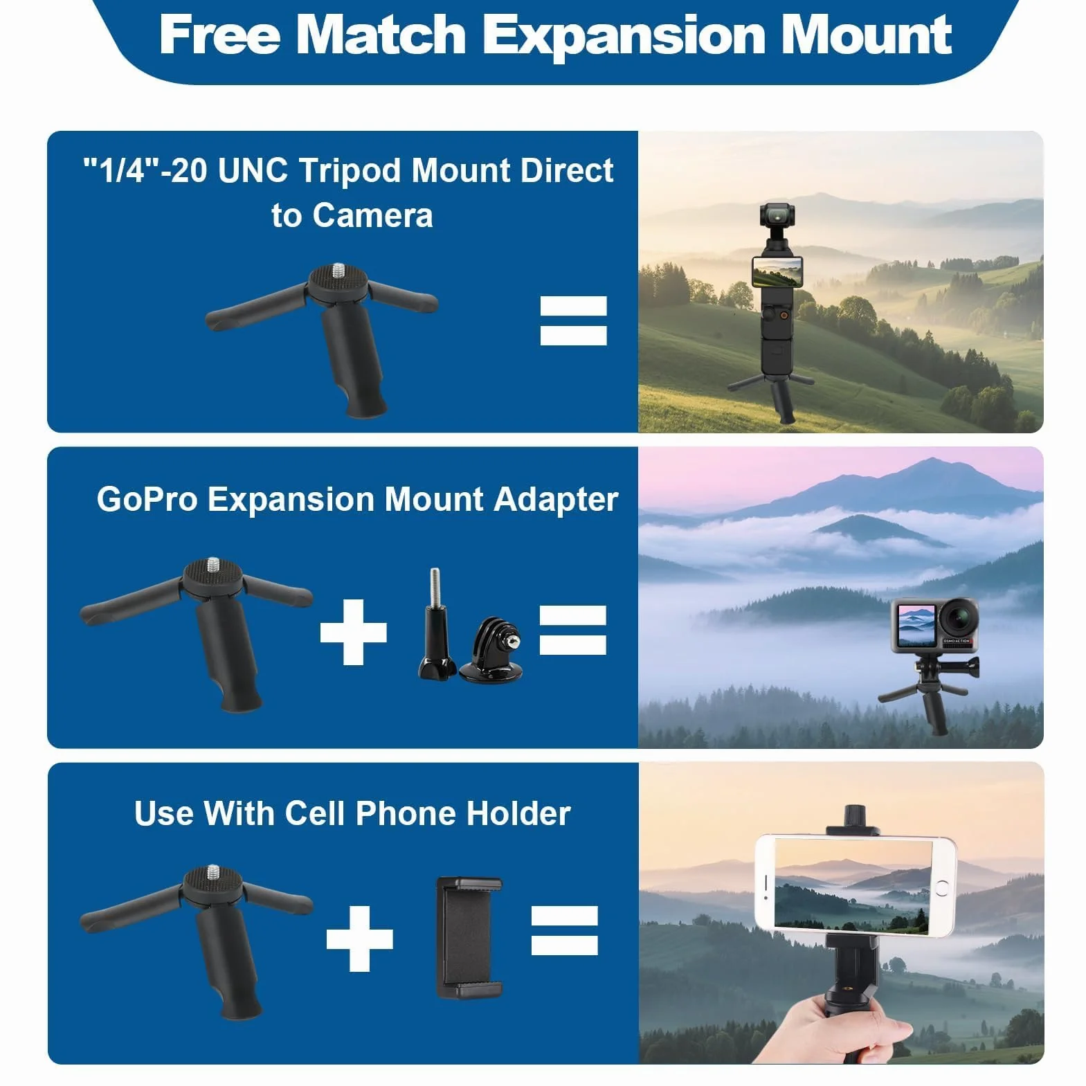 Mini Trépied avec vis 1/4 pour DJI Osmo Pocket 4/3, Mini Trépied Vlog Antidérapant Stabilisateur Appareil Photo Reflex Bureau Support de Table Compact Trépied pour GoPro Insta360 Action 6/5