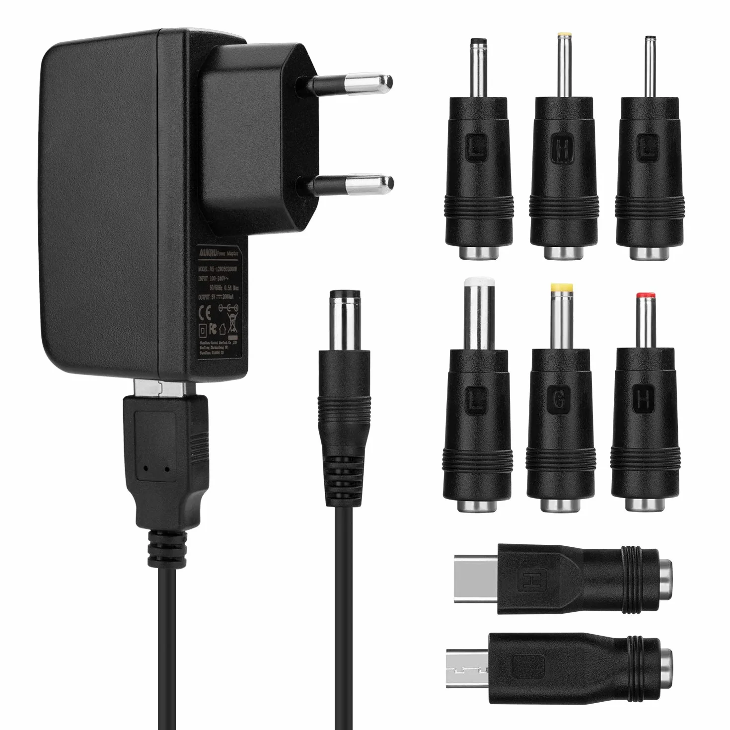 8 en 1 Chargeur USB 5V2A Universel Adaptateur Secteur avec 8 Embouts Connecteur à d'écoupage pour différents appareils -Noir