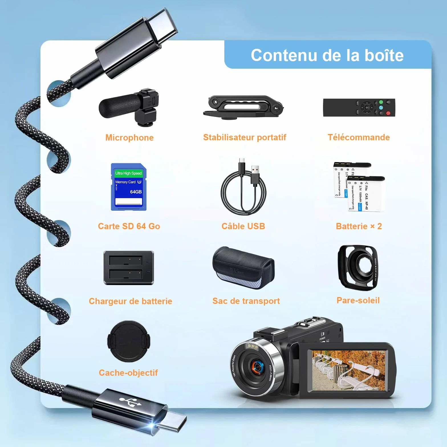 Caméscope Vidéo 8K 64MP Vlogging WiFi Vision Nocturne IR Écran Tactile 3" Zoom Numérique 18X avec Mic et Télécommande