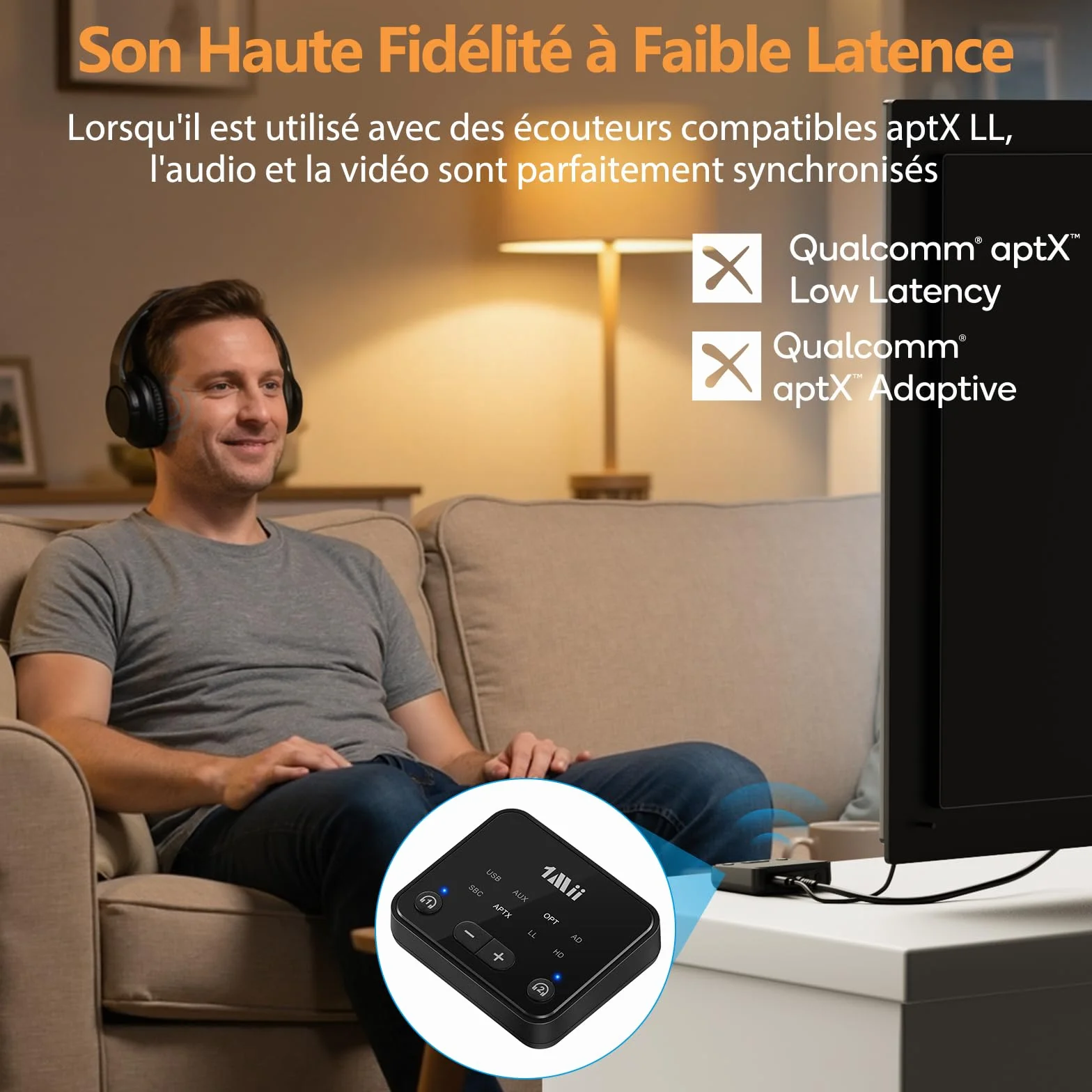 1Mii B06T6 Émetteur Bluetooth 5.3 pour TV vers 2 Casques sans Fil, aptX Adaptive & Faible Latence, Transmetteur Adaptateur Bluetooth, Double Connexion, Contrôle du Volume, Optique/USB/AUX/RCA