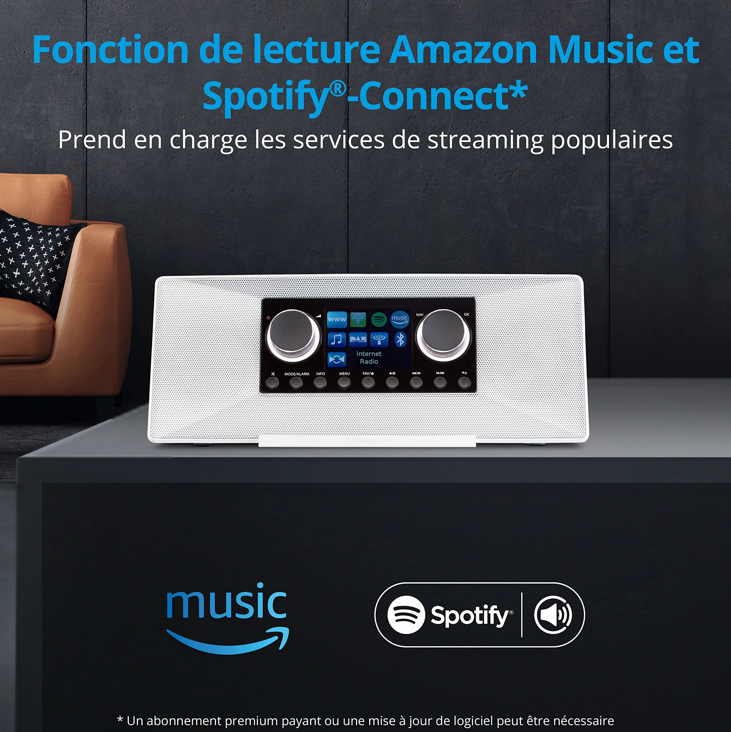 MEDION P85333 Radio Internet avec Dab+ (WiFi, FM, Spotify Connect, Amazon Music, USB, Prise Casque, AUX, Stereo Line-Out Cinch, Sleep Timer) Blanc