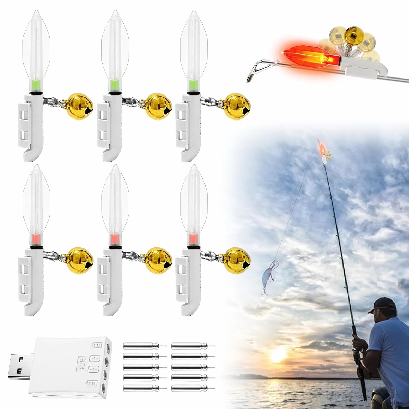 Lot de 6 Détecteurs de Touche de Pêche avec Lampe LED et Alarme Électronique