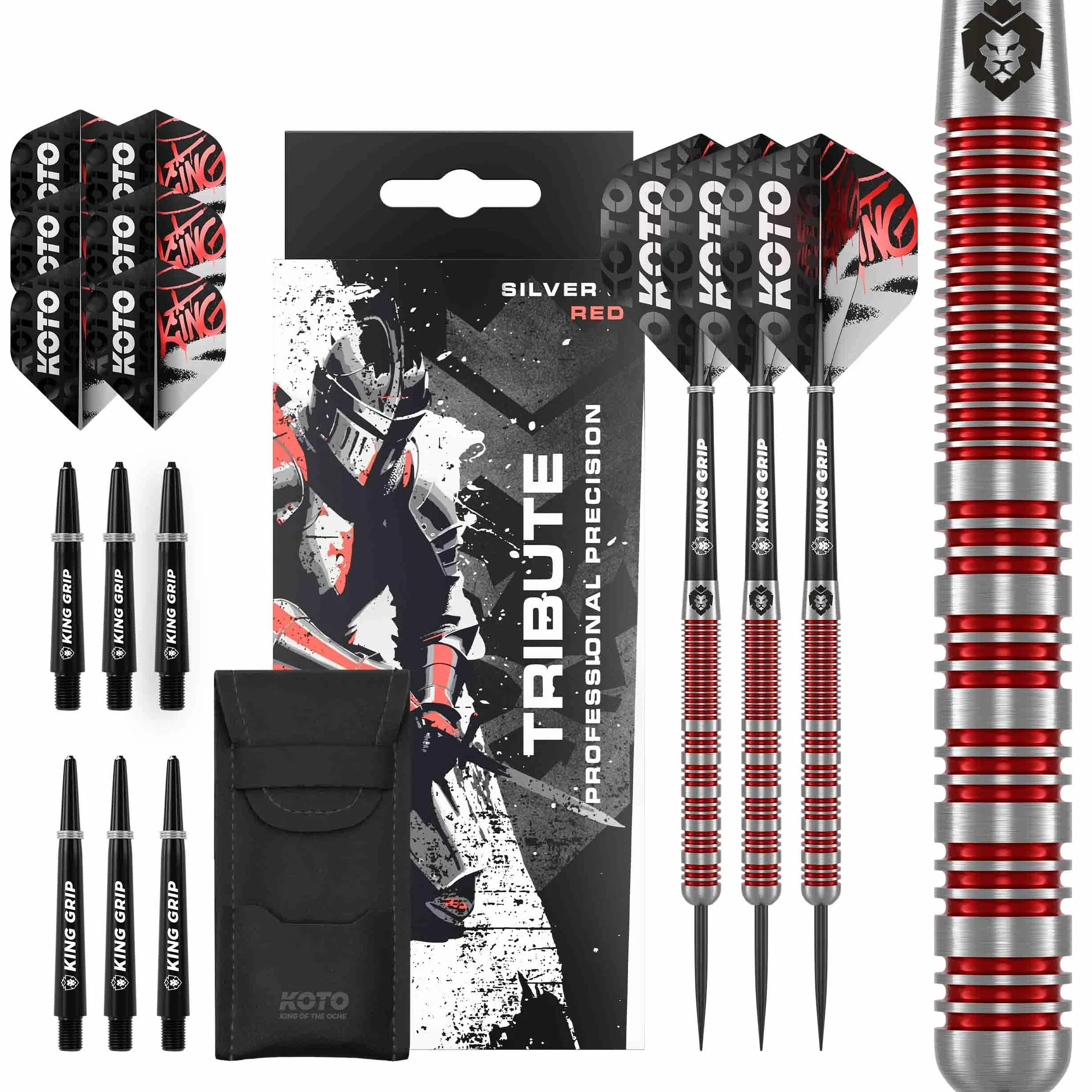 KOTO Lot de 3 fléchettes Tribute avec barils, ailettes, tiges et porte-fléchettes, grip fixe Argenté rouge