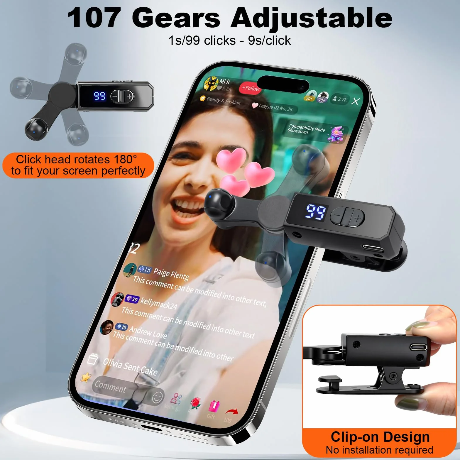 TRELC Clicker automatique rechargeable, portable pour iPhone, iPad, Android, silencieux et 107 vitesses réglables, écran de téléphone pour Tiktok, jeu, diffusions en direct, tâches de récompense