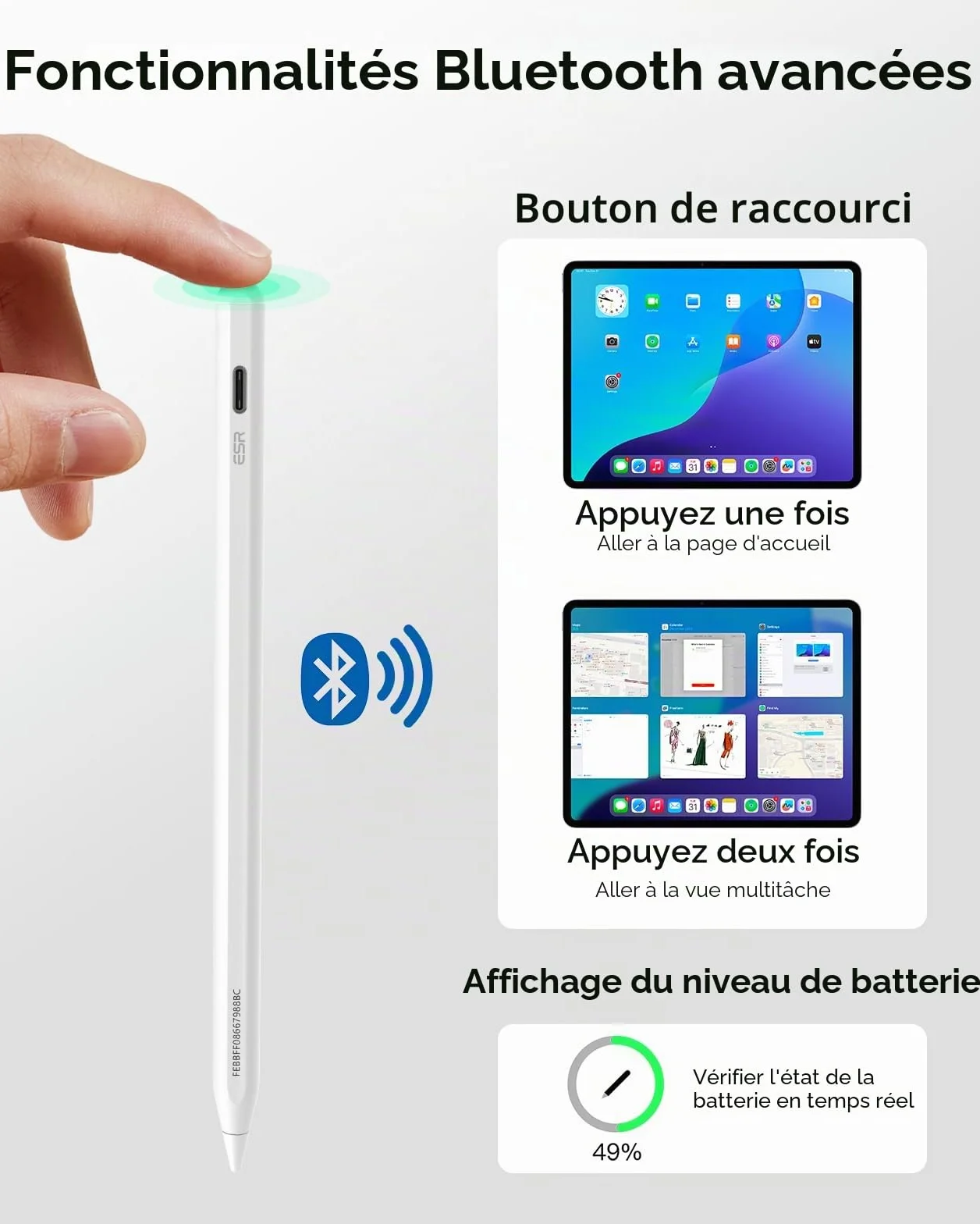 ESR Find My Stylet Digital Pencil Pro pour iPad 2018-2025, sensibilité à l'inclinaison, Blanc