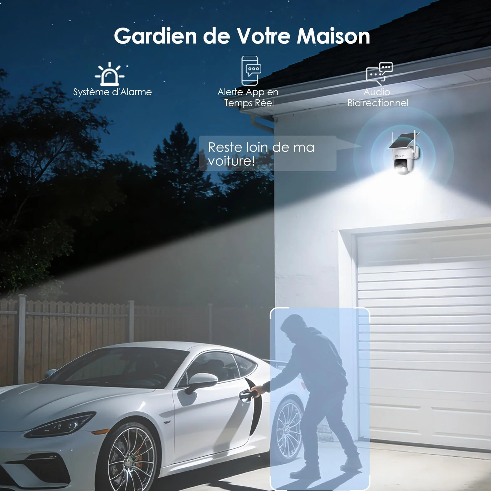 CZEview 2K/4K Camera Surveillance WiFi Extérieure Solaire sans Fil, System d'Alarme, 360° Caméra Exterieure Batterie, Détection Mouvement, Vision Nocturne en Couleur (Blanche, 2k)