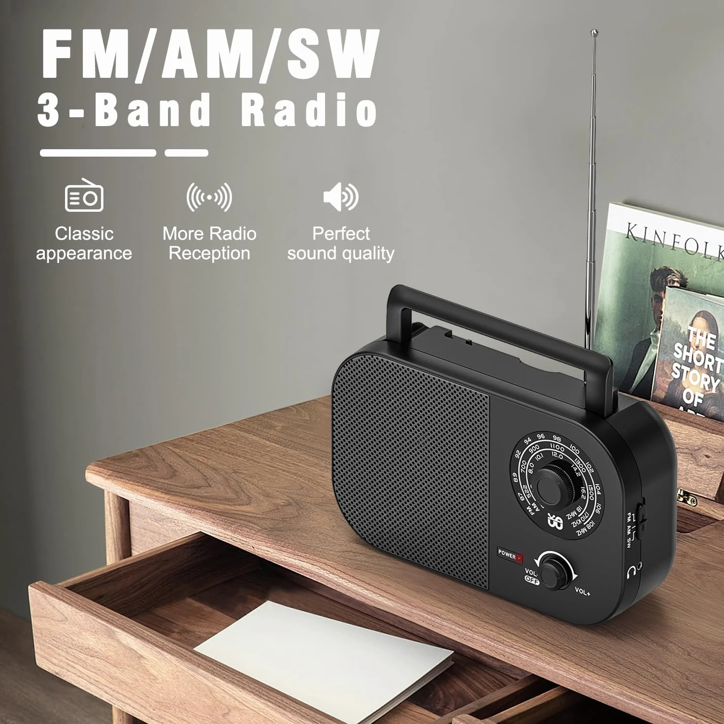 Radio Portable AM,FM,SW,FM Poste Radio Portable,Alimentée Secteur et la Batterie pour Une Réception,Haut-Parleur Intégré et Prise Casque Une Utilisation à la Maison/Extérieur/Camping/Urgence（Noir）