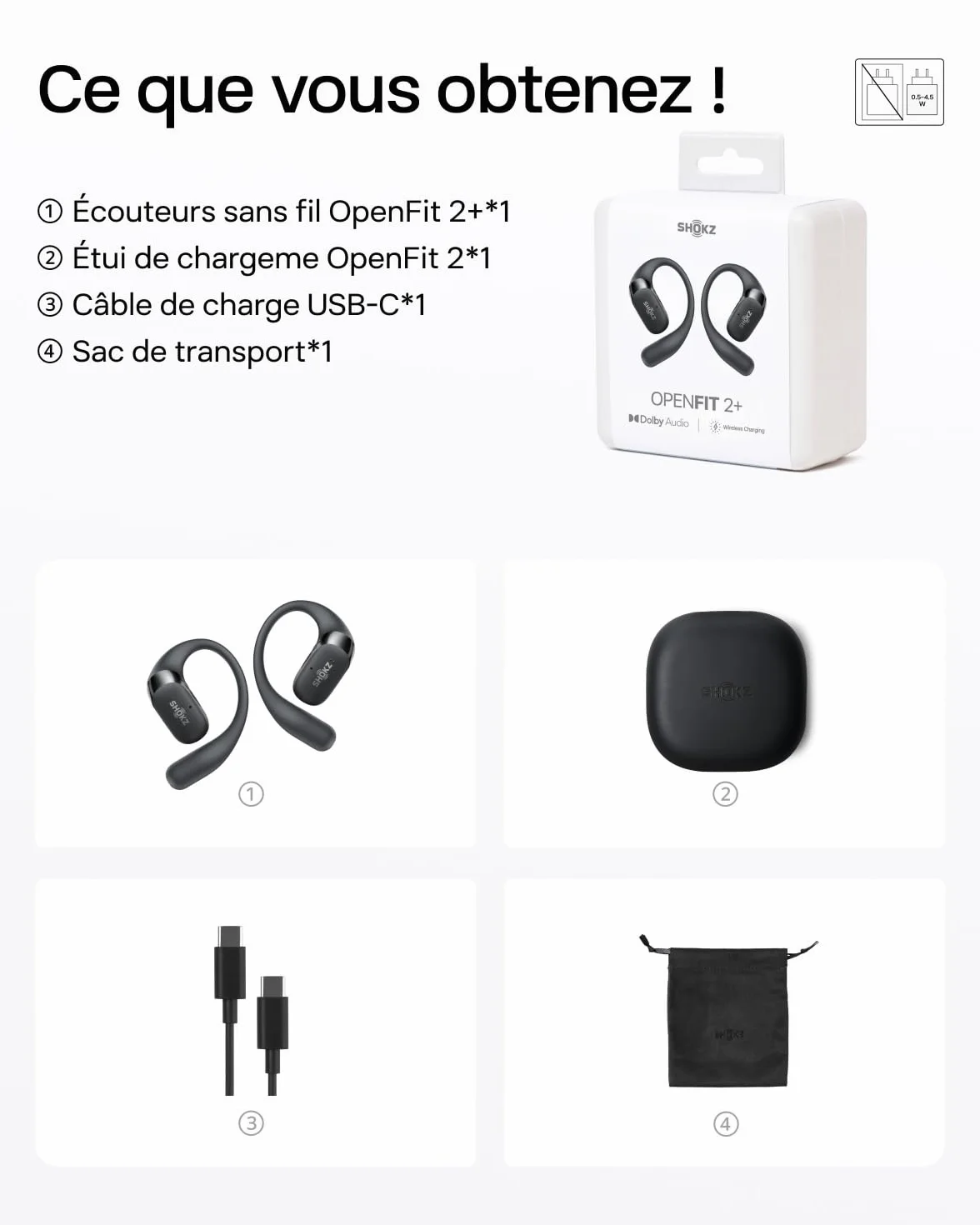 SHOKZ OpenFit 2+ Nouveaux Casques à Oreilles Libres, Dolby Audio, Crochets d’Oreille Souples, 48 Heures d’autonomie, résistance à l’Eau IP55, Recharge sans Fil, avec Sac de Transport, Noir